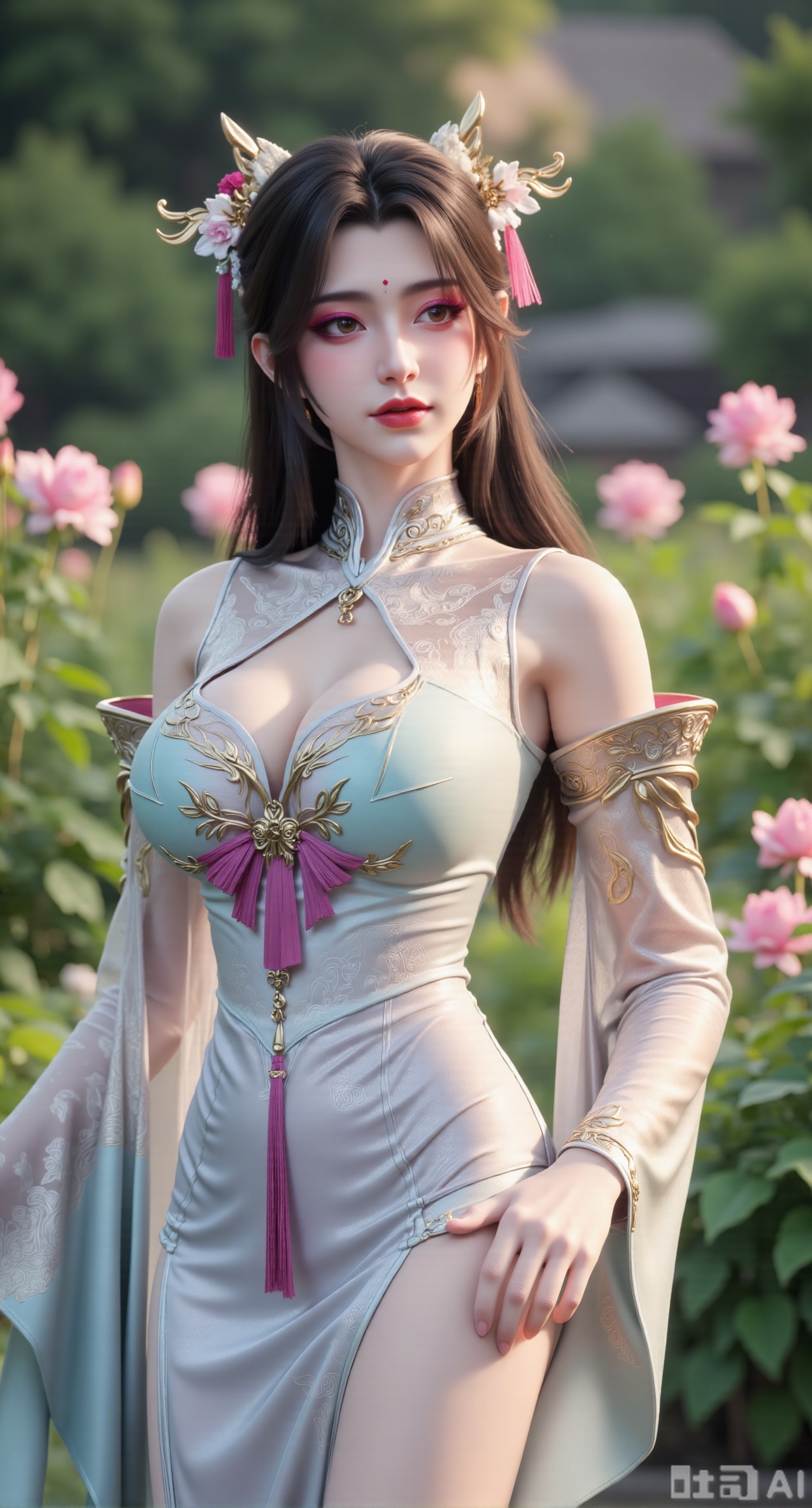 masterpiece:1.2),best quality,,A woman adorned in traditional Chinese attire,featuring a flowing robe with intricate embroidery and floral accents. A garden filled with pink roses and lush greenery. Soft pastel hues of white,blue,and green,creating a serene atmosphere. Photorealistic photography.,,(huge breasts:2.99),(full breasts:2.99),Xbaozhiyinhuaqun,Xlonger,Xxiaoli,Xtangheziqun,Xyunyunshouban
