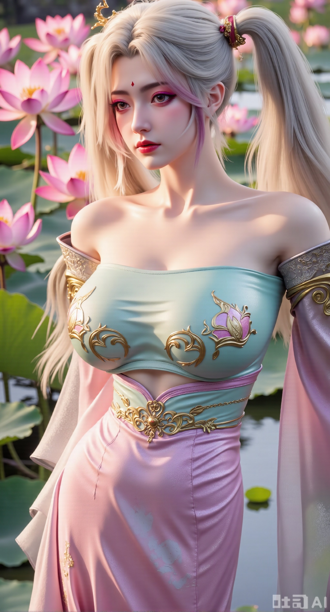 (masterpiece, best quality:1.2),1girl, navel, solo, midriff, bare shoulders, hair ornament,(long hair),(High double ponytail:1.49), red lips, BREAK, (looking at viewer:1.39), chinese clothes,(Holographic pink|green dress:1.36), (lace,Rainbow Gradient Color:1.28), BREAK,blurry, solo focus, long hair, lips, daytime, lipstick, outdoors, standing,upper body,(huge breasts:2.89), background, solo, makeup,(Liquid glass style flowers:1.49),(huge breasts:2.99),(full breasts:2.99),,(Background with lotus pond and pink lotus flowers:1.39),Xbaozhiyinhuaqun,Xlonger,Xxiaoli,Xtangheziqun,Xyunyunshouban
