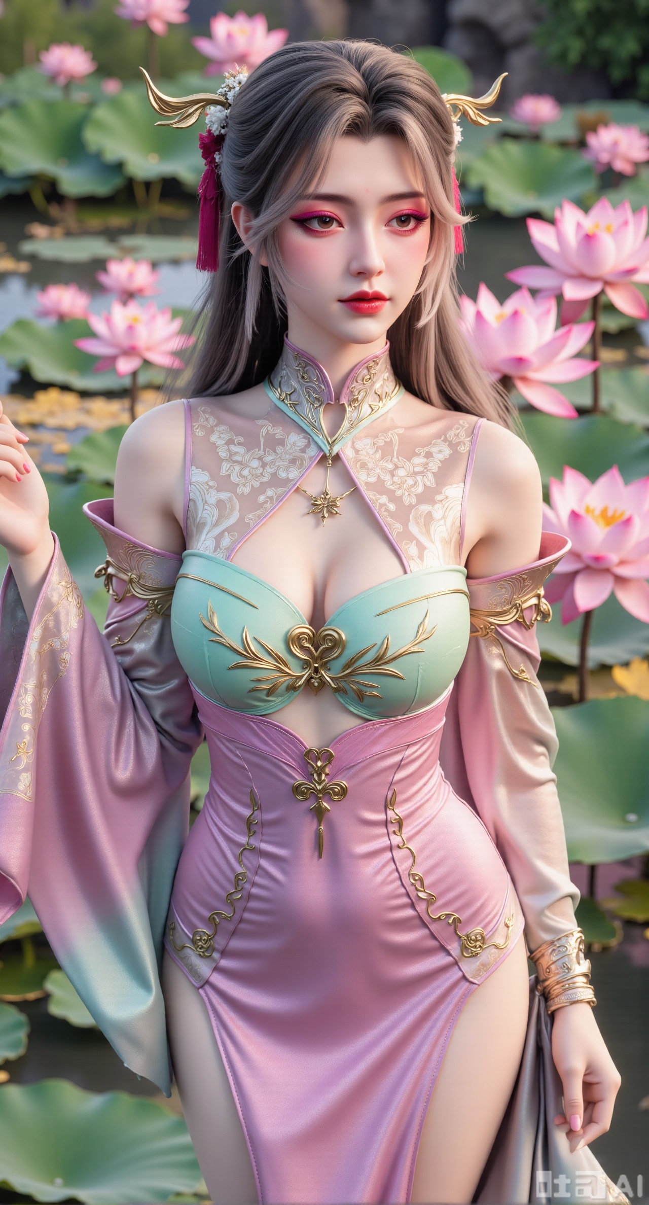 (masterpiece, best quality:1.2),1girl, navel, solo, midriff, bare shoulders, hair ornament,(long hair),(High double ponytail:1.49), red lips, BREAK, (looking at viewer:1.39), chinese clothes,(Holographic pink|green dress:1.36), (lace,Rainbow Gradient Color:1.28), BREAK,blurry, solo focus, long hair, lips, daytime, lipstick, outdoors, standing,upper body,(huge breasts:2.89), background, solo, makeup,(Liquid glass style flowers:1.49),(huge breasts:2.99),(full breasts:2.99),,(Background with lotus pond and pink lotus flowers:1.39),Xbaozhiyinhuaqun,Xlonger,Xxiaoli,Xtangheziqun,Xyunyunshouban