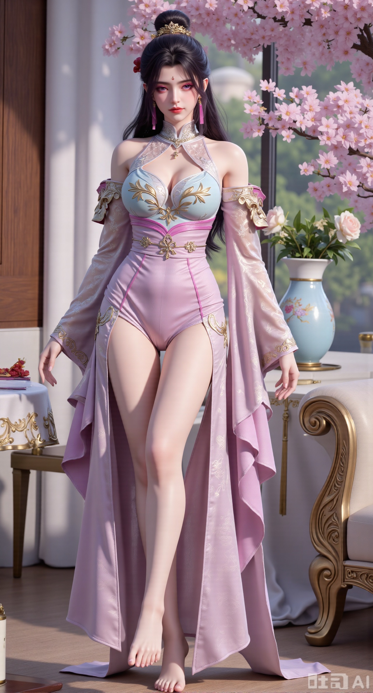 (masterpiece:1.2),Ultra clear, wallpaper, 8k, masterpiece, 1girl, solo, long hair, breasts, looking at viewer, bangs, large breasts,long dress,, bare shoulders, jewelry, black hair, standing, purple eyes, full body, flower, thighs, indoors, hair bun, long dress, high heels, cup, see-through, book, bare legs, window, table, white footwear, standing on one leg, curtains, pink flower, side slit, vase, ,(huge breasts:2.99),(full breasts:2.99),,Xbaozhiyinhuaqun,Xlonger,Xxiaoli,Xtangheziqun,Xyunyunshouban