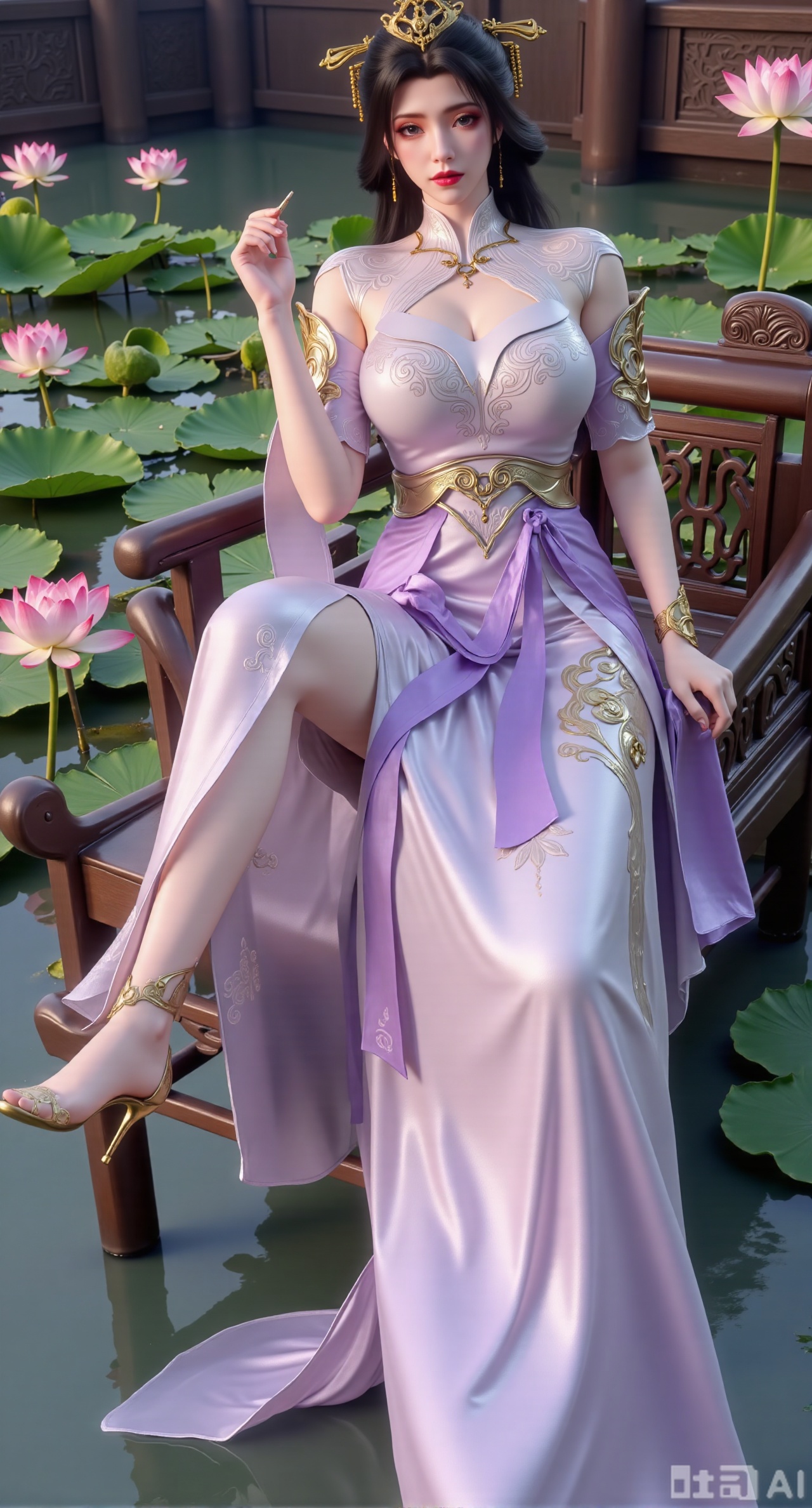 (masterpiece:1.2),best quality,The image is a digital illustration of a young woman sitting on a wooden bench in a pond with lily pads. She is wearing a long dress with design on the chest and sleeves. The dress has a high neckline and short sleeves,Holding a lotus in hand. She has long dark hair styled in loose waves and is wearing gold high heels. The woman is posing with one hand on her hip and the other resting on the edge of the bench. The background is filled with pink and white lotus flowers and green leaves. The overall mood of the image is peaceful and serene,(huge breasts:2.99),(full breasts:2.99),(Background with traditional Chinese architecture, lotus pond and pink lotus flowers:1.39),,XyunxiaoYK,Xlonger2,XjiziyeuX2,Xmeifei2,Xtanghezi,XyunyunPVC