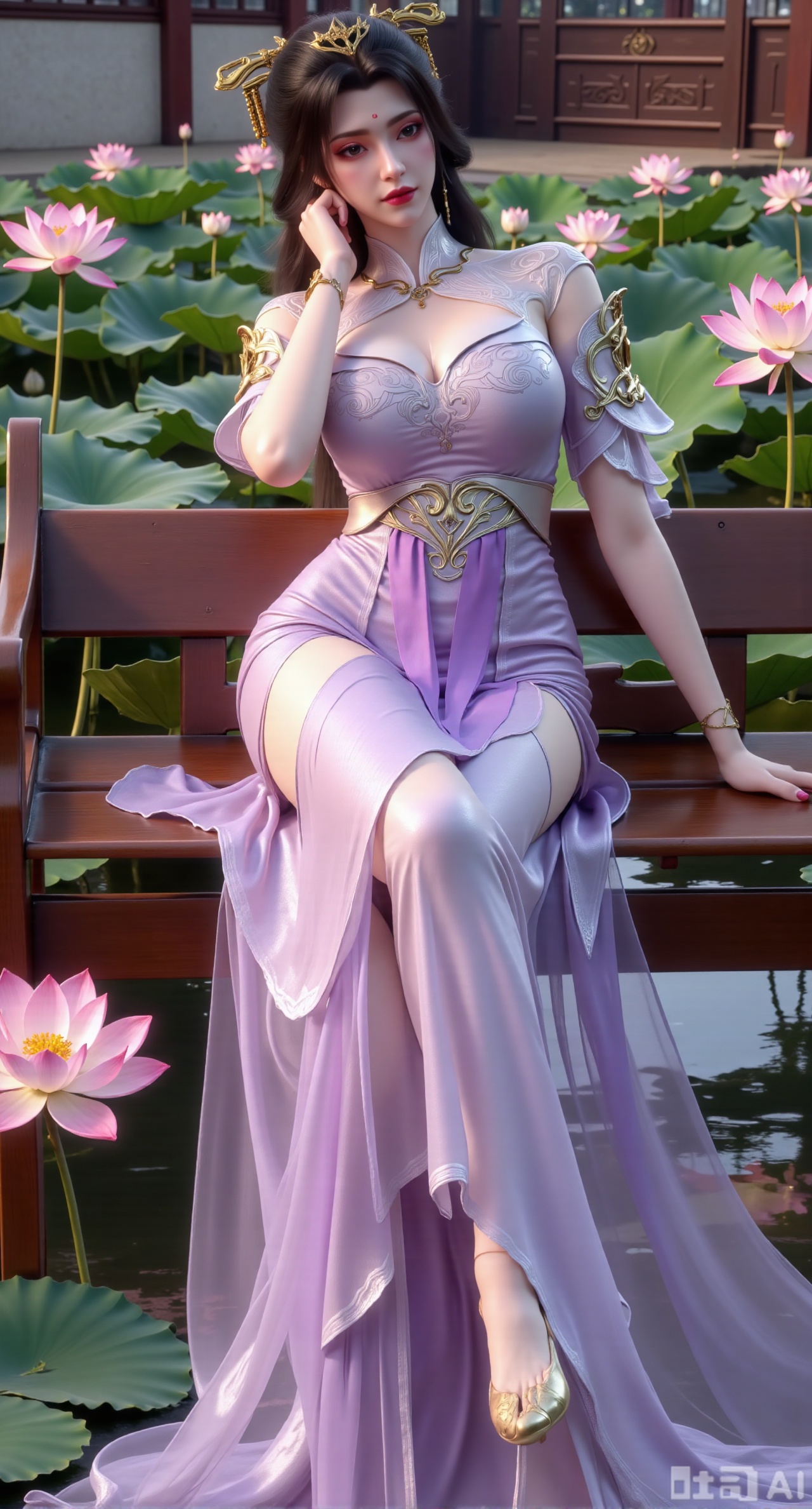 (masterpiece:1.2),best quality,The image is a digital illustration of a young woman sitting on a wooden bench in a pond with lily pads. She is wearing a long dress with design on the chest and sleeves. The dress has a high neckline and short sleeves,Holding a lotus in hand. She has long dark hair styled in loose waves and is wearing gold high heels. The woman is posing with one hand on her hip and the other resting on the edge of the bench. The background is filled with pink and white lotus flowers and green leaves. The overall mood of the image is peaceful and serene,(huge breasts:2.99),(full breasts:2.99),(Background with traditional Chinese architecture, lotus pond and pink lotus flowers:1.39),,XyunxiaoYK,Xlonger2,XjiziyeuX2,Xmeifei2,Xtanghezi,XyunyunPVC