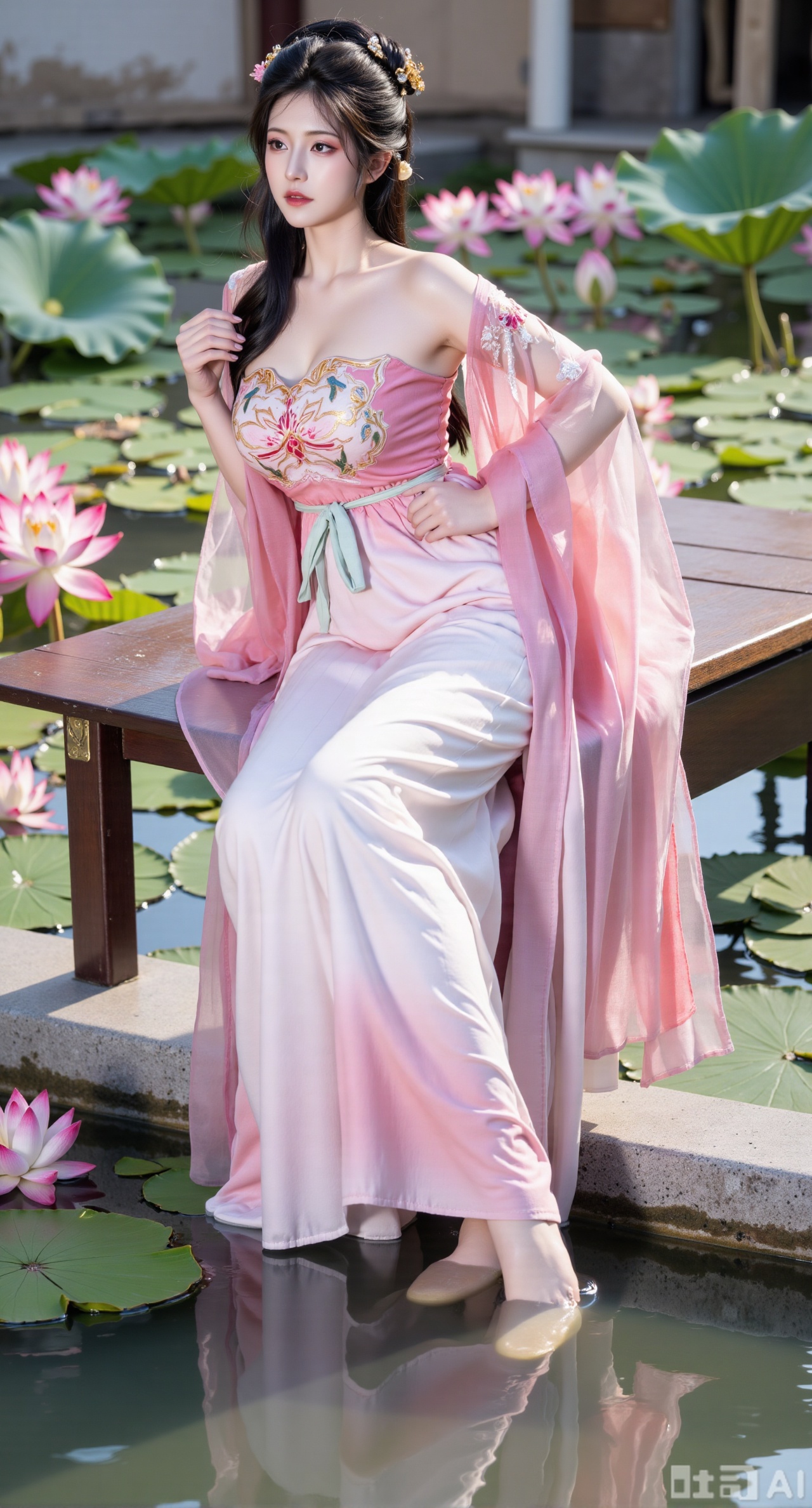 (masterpiece:1.2),best quality,The image is a digital illustration of a young woman sitting on a wooden bench in a pond with lily pads. She is wearing a long dress with design on the chest and sleeves. The dress has a high neckline and short sleeves,Holding a lotus in hand. She has long dark hair styled in loose waves and is wearing gold high heels. The woman is posing with one hand on her hip and the other resting on the edge of the bench. The background is filled with pink and white lotus flowers and green leaves. The overall mood of the image is peaceful and serene,(huge breasts:2.99),(full breasts:2.99),(Background with traditional Chinese architecture, lotus pond and pink lotus flowers:1.39),,XyunxiaoYK,Xlonger2,XjiziyeuX2,Xmeifei2,Xtanghezi,XyunyunPVC