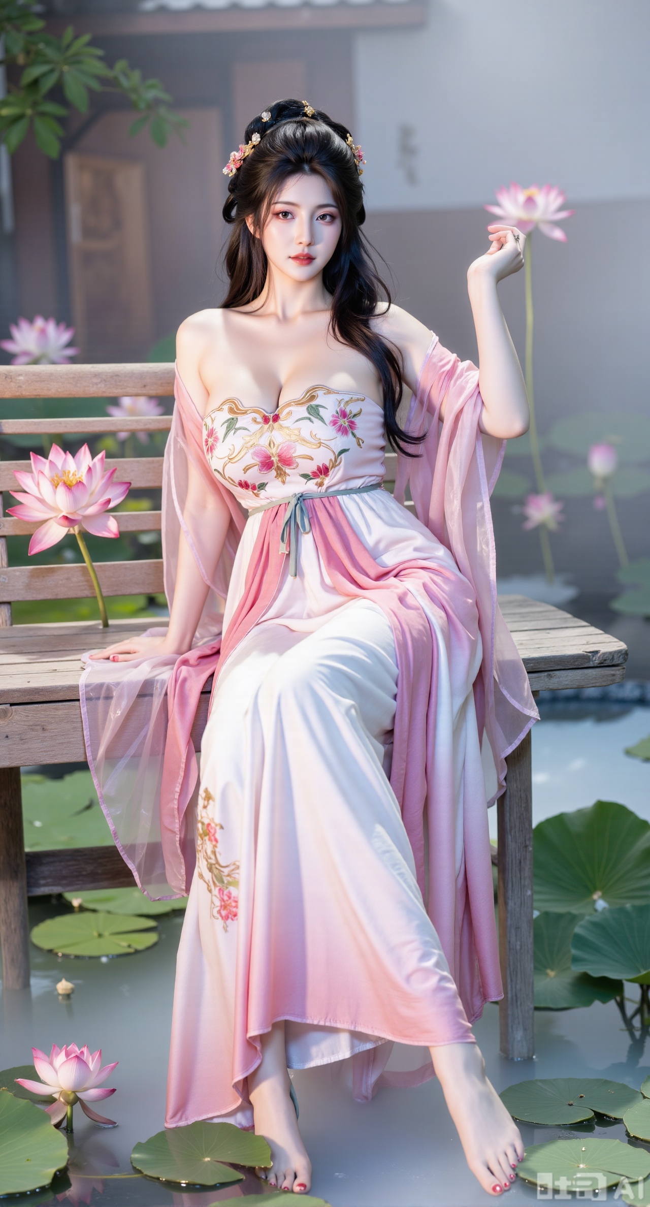 (masterpiece:1.2),best quality,The image is a digital illustration of a young woman sitting on a wooden bench in a pond with lily pads. She is wearing a long dress with design on the chest and sleeves. The dress has a high neckline and short sleeves,Holding a lotus in hand. She has long dark hair styled in loose waves and is wearing gold high heels. The woman is posing with one hand on her hip and the other resting on the edge of the bench. The background is filled with pink and white lotus flowers and green leaves. The overall mood of the image is peaceful and serene,(huge breasts:2.99),(full breasts:2.99),(Background with traditional Chinese architecture, lotus pond and pink lotus flowers:1.39),,XyunxiaoYK,Xlonger2,XjiziyeuX2,Xmeifei2,Xtanghezi,XyunyunPVC
