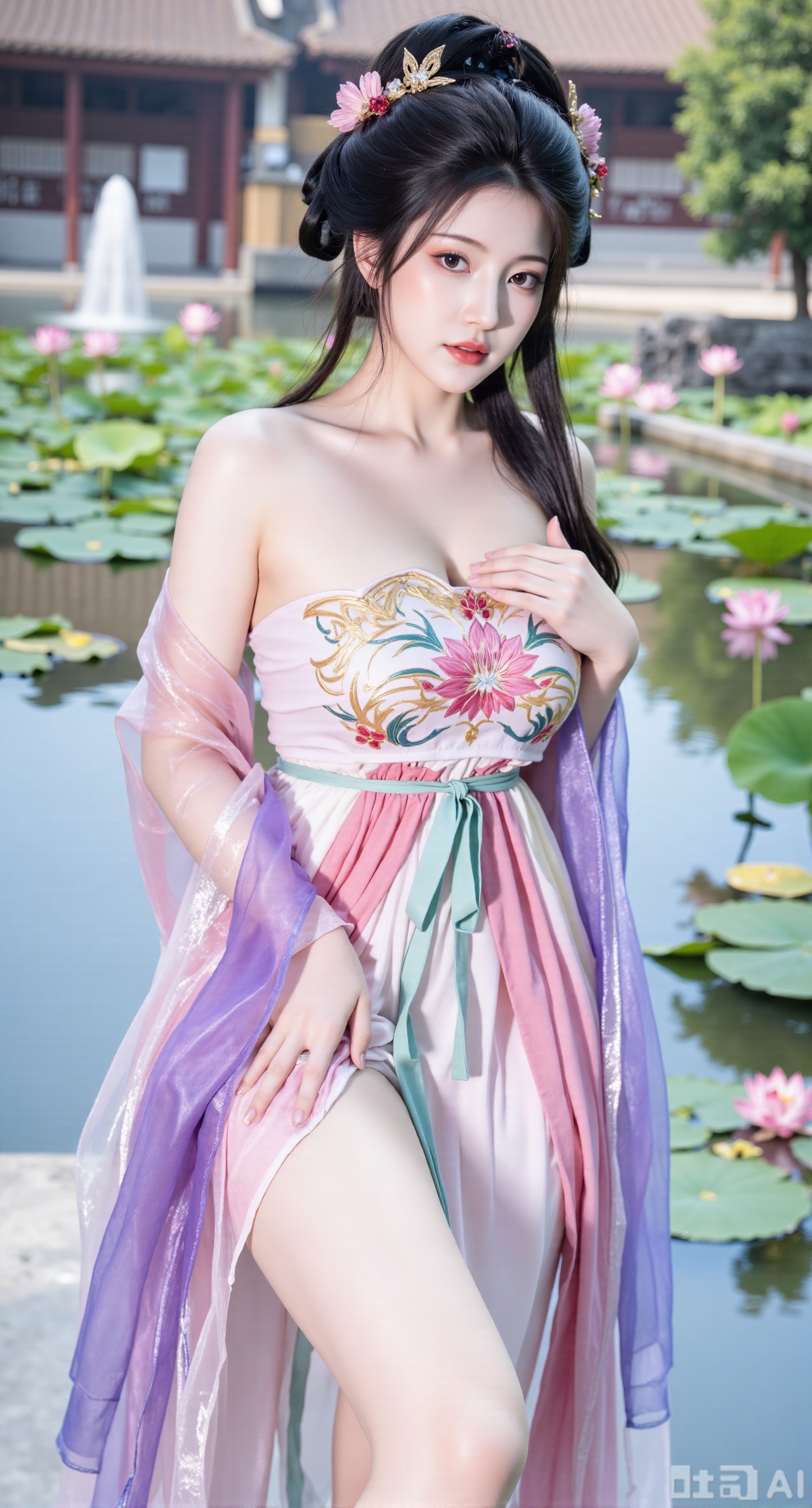 (masterpiece, best quality:1.2),1girl, navel, solo, midriff, bare shoulders, hair ornament, flower, hair flower, black hair, red lips,BREAK, (looking at viewer:1.39), chinese clothes,(Holographic long dress:1.39), (lace,Rainbow Gradient Color:1.29),BREAK,purple eyes,blurry, solo focus, long hair, lips, daytime, lipstick, outdoors, (upper body,,Long legs:1.29), blurry,(huge breasts,full breasts:2.41), background, 1girl, makeup, hair bun,(Blue sky:1.39),(Suzhou Garden Lotus Pond,lotus,Lotus Leaf:1.39),(huge breasts:2.99),(full breasts:2.99),(Background with traditional Chinese architecture, lotus pond and lotus flowers:1.39),XyunxiaoYK,Xlonger2,XjiziyeuX2,Xmeifei2,Xtanghezi,XyunyunPVC