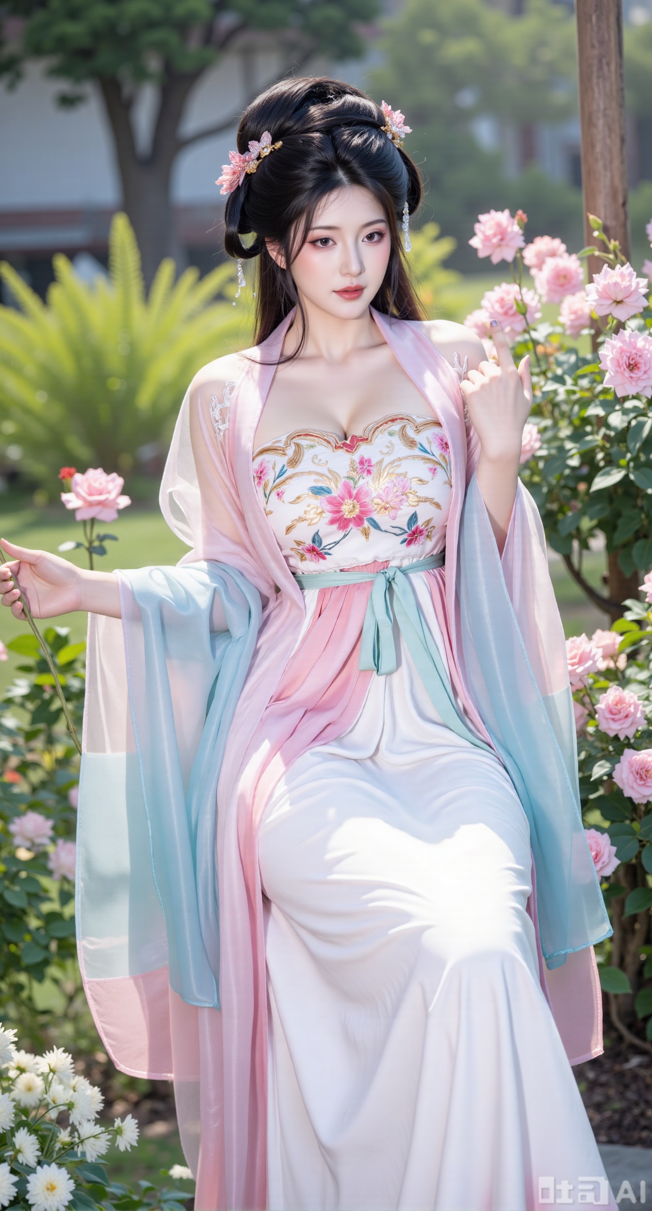 (masterpiece:1.2),best quality,,A woman adorned in traditional Chinese attire,featuring a flowing robe with intricate embroidery and floral accents. A garden filled with pink roses and lush greenery. Soft pastel hues of white,blue,and green,creating a serene atmosphere. Photorealistic photography.,,(huge breasts:2.99),(full breasts:2.99),XyunxiaoYK,Xlonger2,XjiziyeuX2,Xmeifei2,Xtanghezi,XyunyunPVC