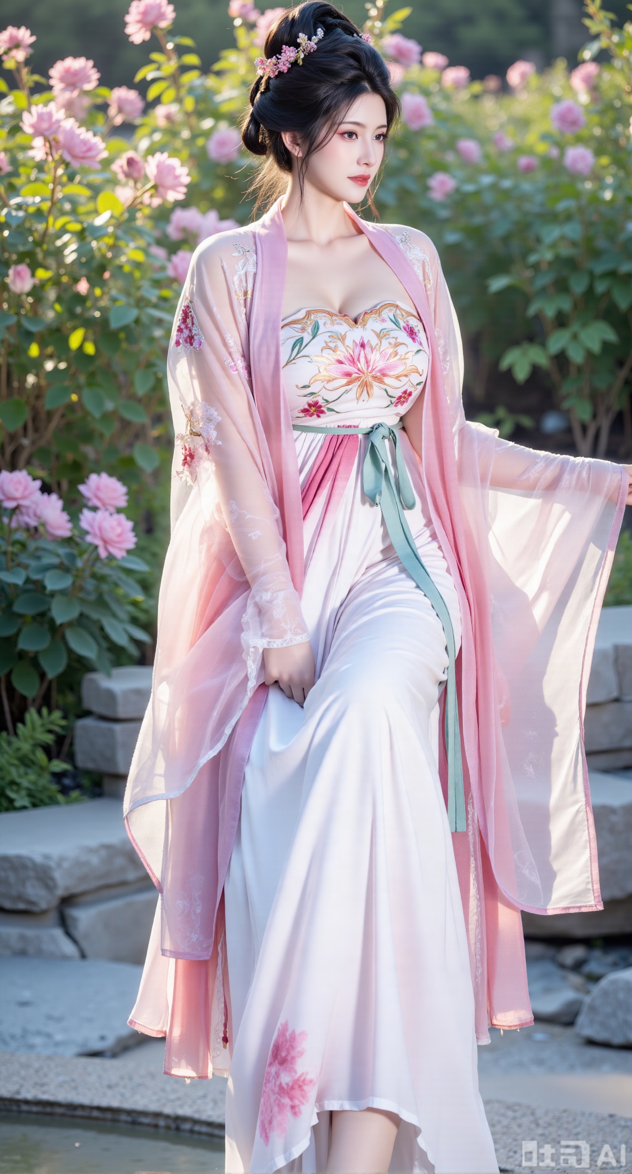 (masterpiece:1.2),best quality,,A woman adorned in traditional Chinese attire,featuring a flowing robe with intricate embroidery and floral accents. A garden filled with pink roses and lush greenery. Soft pastel hues of white,blue,and green,creating a serene atmosphere. Photorealistic photography.,,(huge breasts:2.99),(full breasts:2.99),XyunxiaoYK,Xlonger2,XjiziyeuX2,Xmeifei2,Xtanghezi,XyunyunPVC