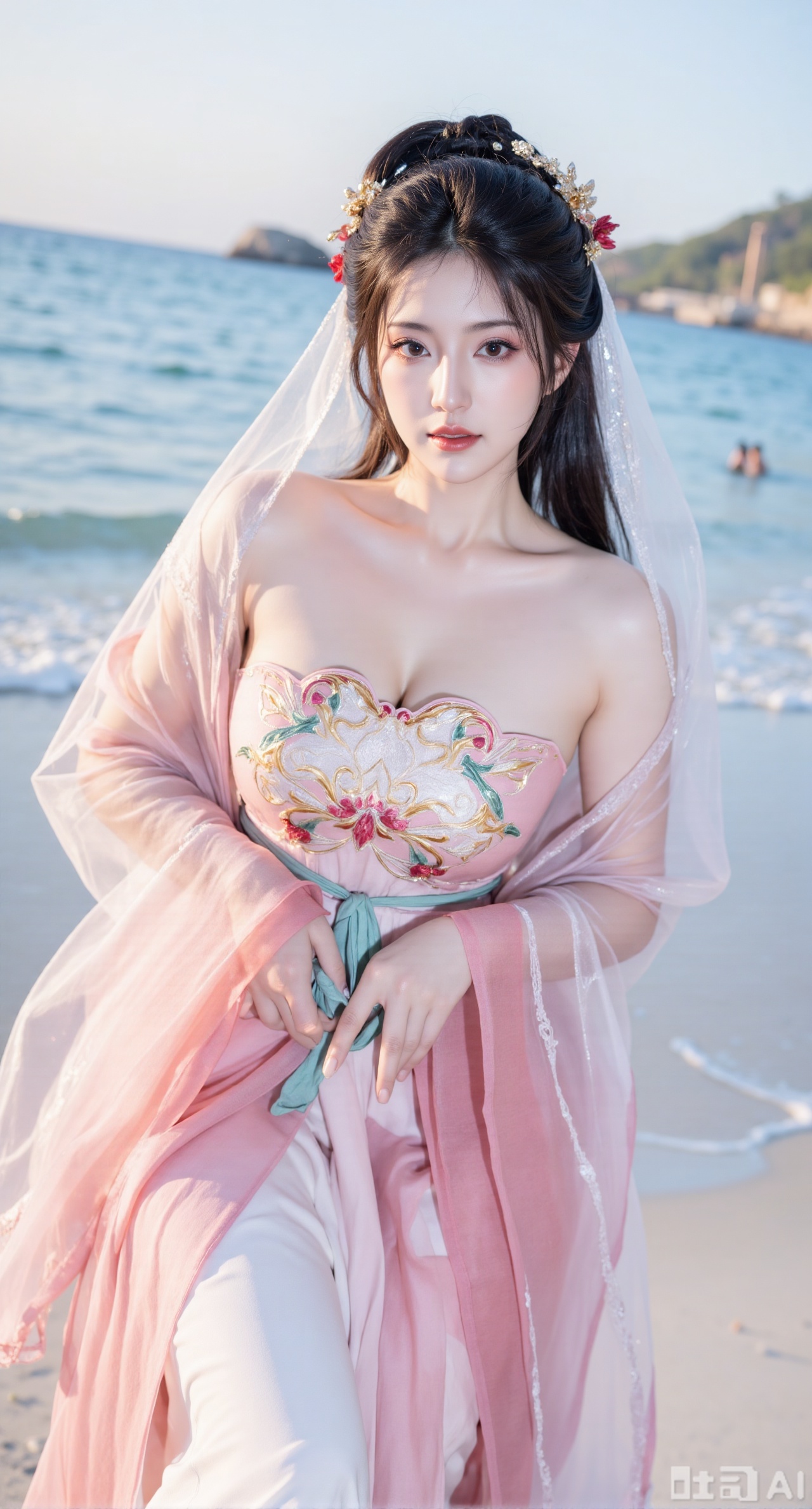 masterpiece, best quality, 1girl,solo,looking at viewer,( outdoor:1.3),sea,beach,realistic,midriff,bare shoulders,standting,hair ornament,long hair,jewelry,long dress,cowboy shot, (huge breasts, full breasts:2.69),Xbaozhiyinhuaqun,Xlonger,Xxiaoli,Xtangheziqun,Xyunyunshouban