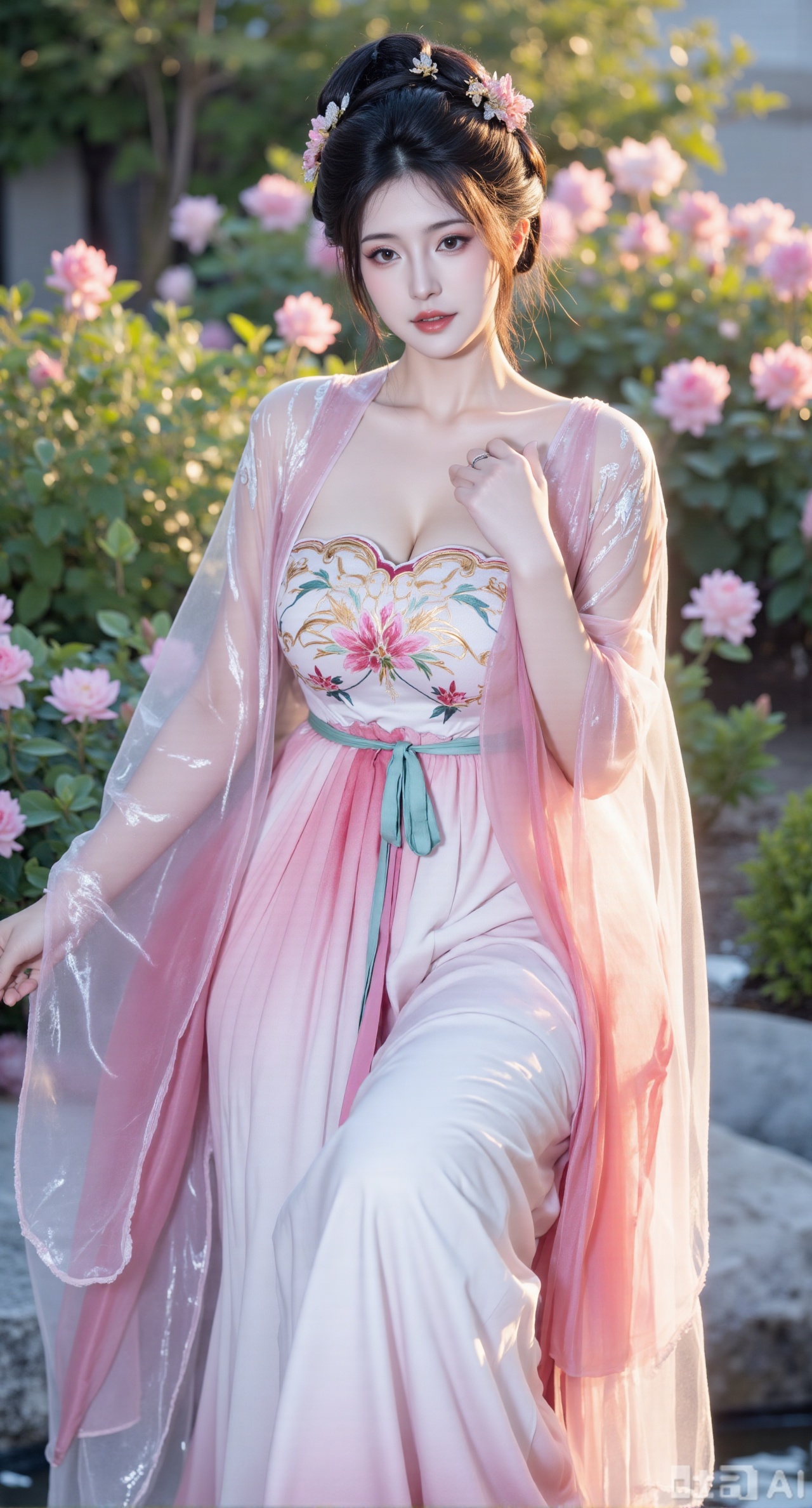 masterpiece:1.2),best quality,,A woman adorned in traditional Chinese attire,featuring a flowing robe with intricate embroidery and floral accents. A garden filled with pink roses and lush greenery. Soft pastel hues of white,blue,and green,creating a serene atmosphere. Photorealistic photography.,,(huge breasts:2.99),(full breasts:2.99),Xbaozhiyinhuaqun,Xlonger,Xxiaoli,Xtangheziqun,Xyunyunshouban