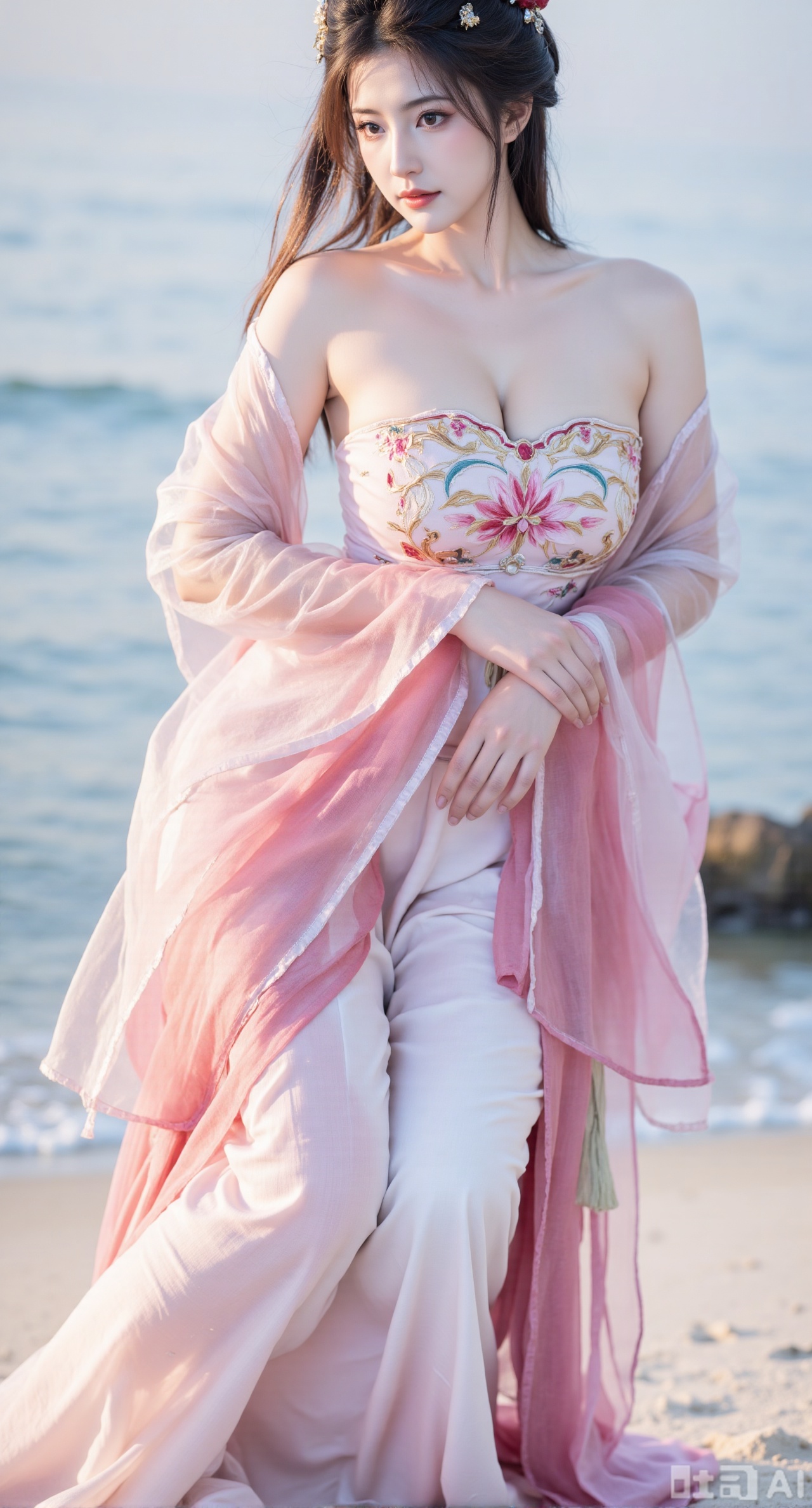 masterpiece, best quality, 1girl,solo,looking at viewer,( outdoor:1.3),sea,beach,realistic,midriff,bare shoulders,standting,hair ornament,long hair,jewelry,long dress,cowboy shot, (huge breasts, full breasts:2.69),Xbaozhiyinhuaqun,Xlonger,Xxiaoli,Xtangheziqun,Xyunyunshouban