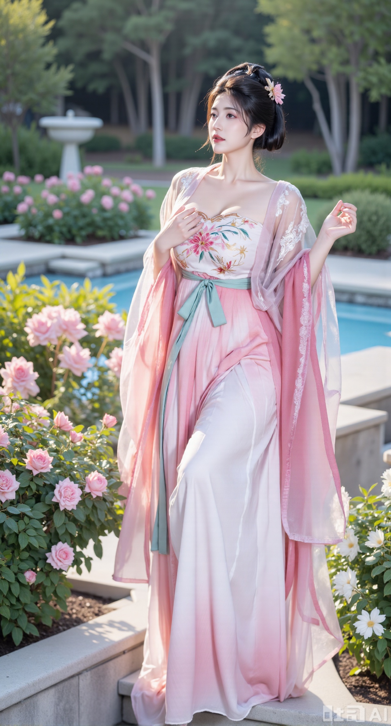 masterpiece:1.2),best quality,,A woman adorned in traditional Chinese attire,featuring a flowing robe with intricate embroidery and floral accents. A garden filled with pink roses and lush greenery. Soft pastel hues of white,blue,and green,creating a serene atmosphere. Photorealistic photography.,,(huge breasts:2.99),(full breasts:2.99),Xbaozhiyinhuaqun,Xlonger,Xxiaoli,Xtangheziqun,Xyunyunshouban
