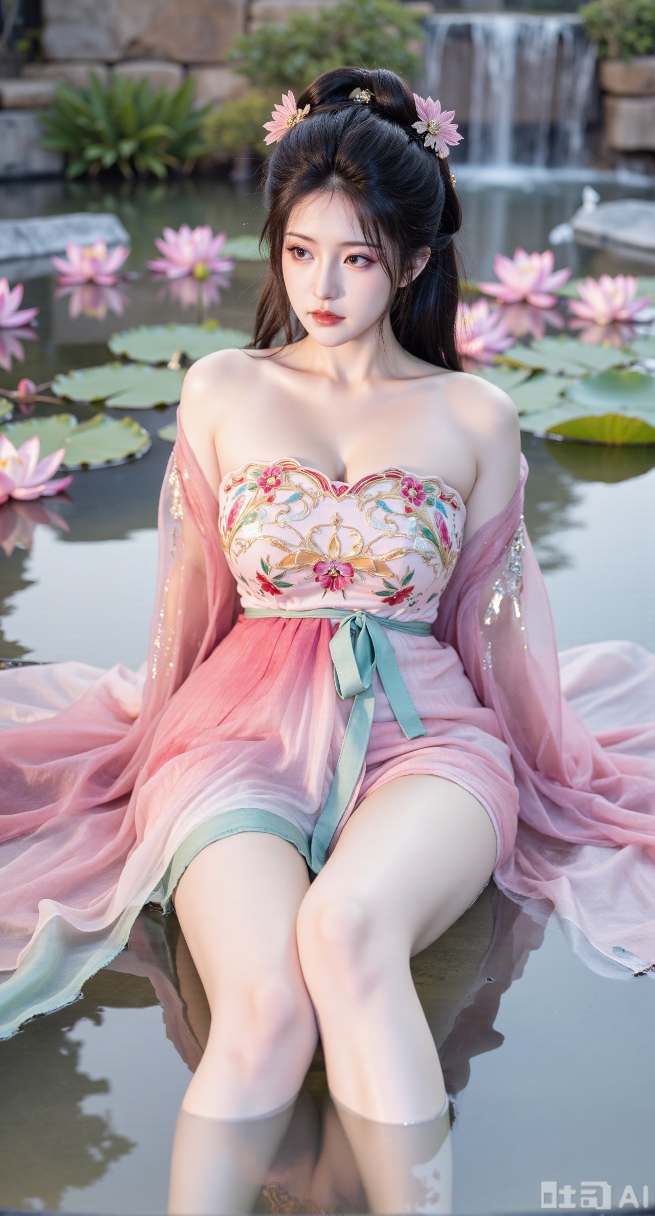 (masterpiece, best quality:1.2),1girl, navel, solo, midriff, bare shoulders, hair ornament,(long hair),(High double ponytail:1.49), red lips, BREAK, (looking at viewer:1.39), chinese clothes,(Holographic pink|green dress:1.36), (lace,Rainbow Gradient Color:1.28), BREAK,blurry, solo focus, long hair, lips, daytime, lipstick, outdoors, standing,upper body,(huge breasts:2.89), background, solo, makeup,(Liquid glass style flowers:1.49),(huge breasts:2.99),(full breasts:2.99),,(Background with lotus pond and pink lotus flowers:1.39),Xbaozhiyinhuaqun,Xlonger,Xxiaoli,Xtangheziqun,Xyunyunshouban