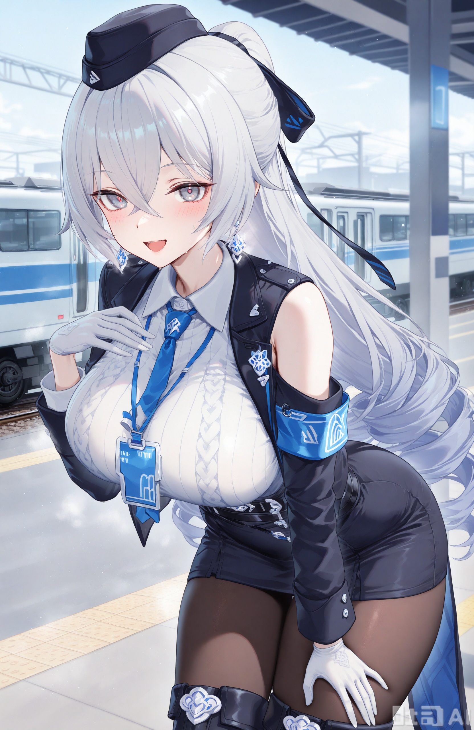 masterpiece,best quality,high quality,
1girl,blny_fftd,long hair, bangs, thighhighs, gloves, dress, hair between eyes, bare shoulders, jewelry, white hair, earrings,sleeveless, elbow gloves, grey eyes, thigh boots,
loves,long hair,white gloves,pantyhose,breasts,skirt,white shirt,blue necktie,necktie,shirt,jacket,black jacket,very long hair,train,hat,train station,long sleeves,looking at viewer,open mouth,smile,leaning forward,hair between eyes,collared shirt,black skirt,large breasts,bangs,belt,pencil skirt,black headwear,solo,garrison cap,:d,blush,uniform,black pantyhose,ground vehicle,armband,hand on own thigh,solo focus, 