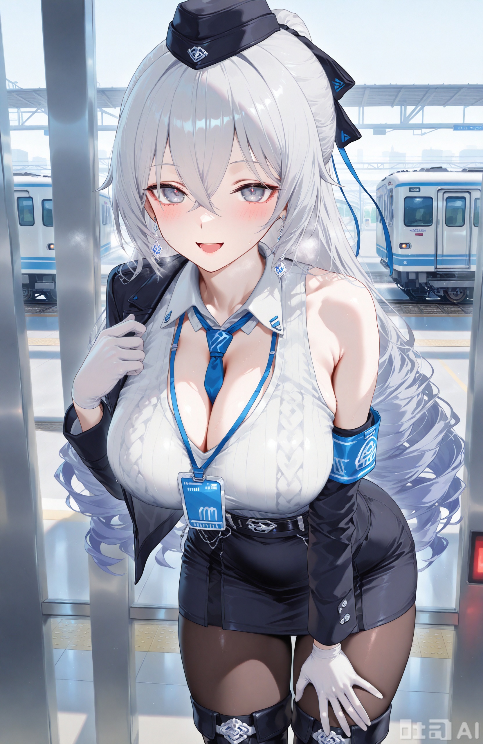 masterpiece,best quality,high quality,
1girl,blny_fftd,long hair, bangs, thighhighs, gloves, dress, hair between eyes, bare shoulders, jewelry, white hair, earrings,sleeveless, elbow gloves, grey eyes, thigh boots,
loves,long hair,white gloves,pantyhose,breasts,skirt,white shirt,blue necktie,necktie,shirt,jacket,black jacket,very long hair,train,hat,train station,long sleeves,looking at viewer,open mouth,smile,leaning forward,hair between eyes,collared shirt,black skirt,large breasts,bangs,belt,pencil skirt,black headwear,solo,garrison cap,:d,blush,uniform,black pantyhose,ground vehicle,armband,hand on own thigh,solo focus, 