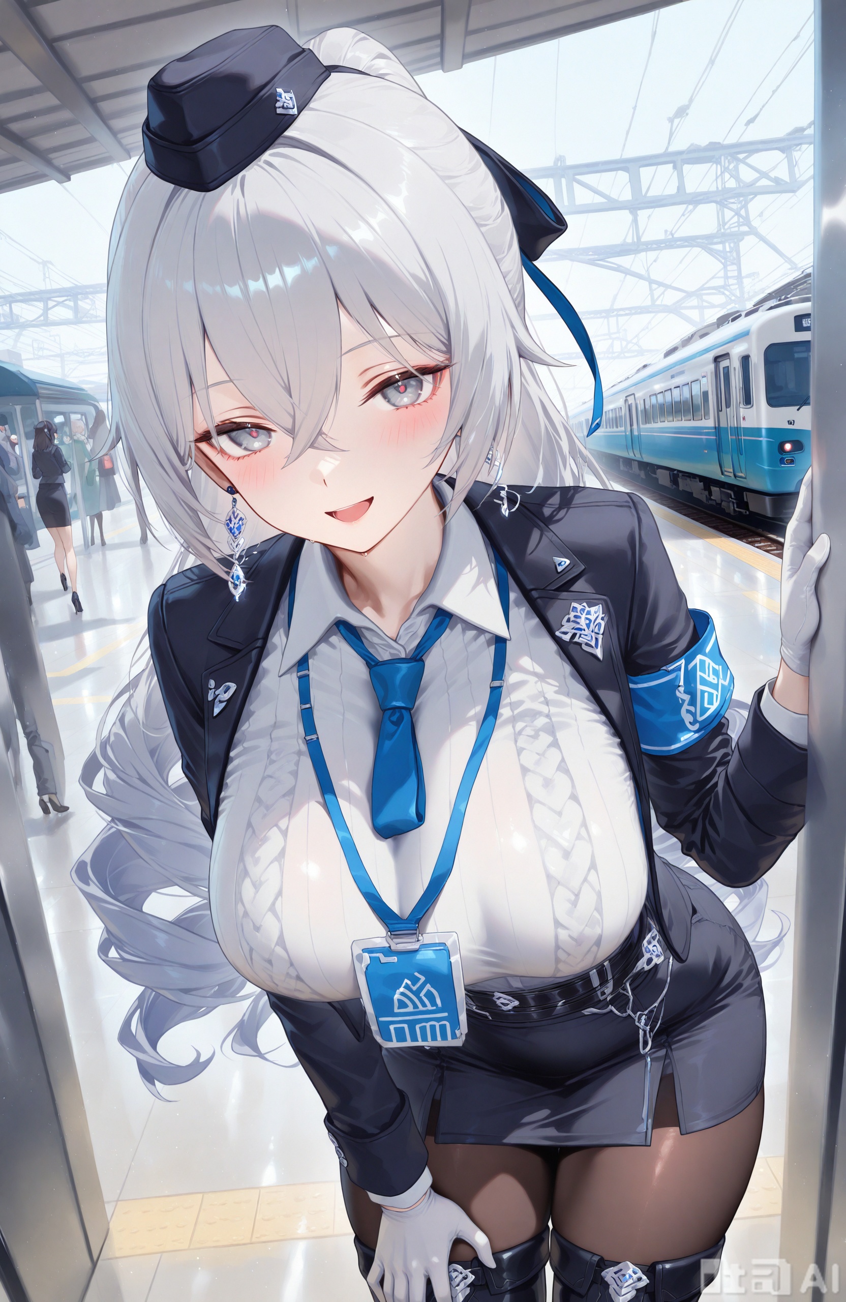 masterpiece,best quality,high quality,
1girl,blny_fftd,long hair, bangs, thighhighs, gloves, dress, hair between eyes, bare shoulders, jewelry, white hair, earrings,sleeveless, elbow gloves, grey eyes, thigh boots,
loves,long hair,white gloves,pantyhose,breasts,skirt,white shirt,blue necktie,necktie,shirt,jacket,black jacket,very long hair,train,hat,train station,long sleeves,looking at viewer,open mouth,smile,leaning forward,hair between eyes,collared shirt,black skirt,large breasts,bangs,belt,pencil skirt,black headwear,solo,garrison cap,:d,blush,uniform,black pantyhose,ground vehicle,armband,hand on own thigh,solo focus, 