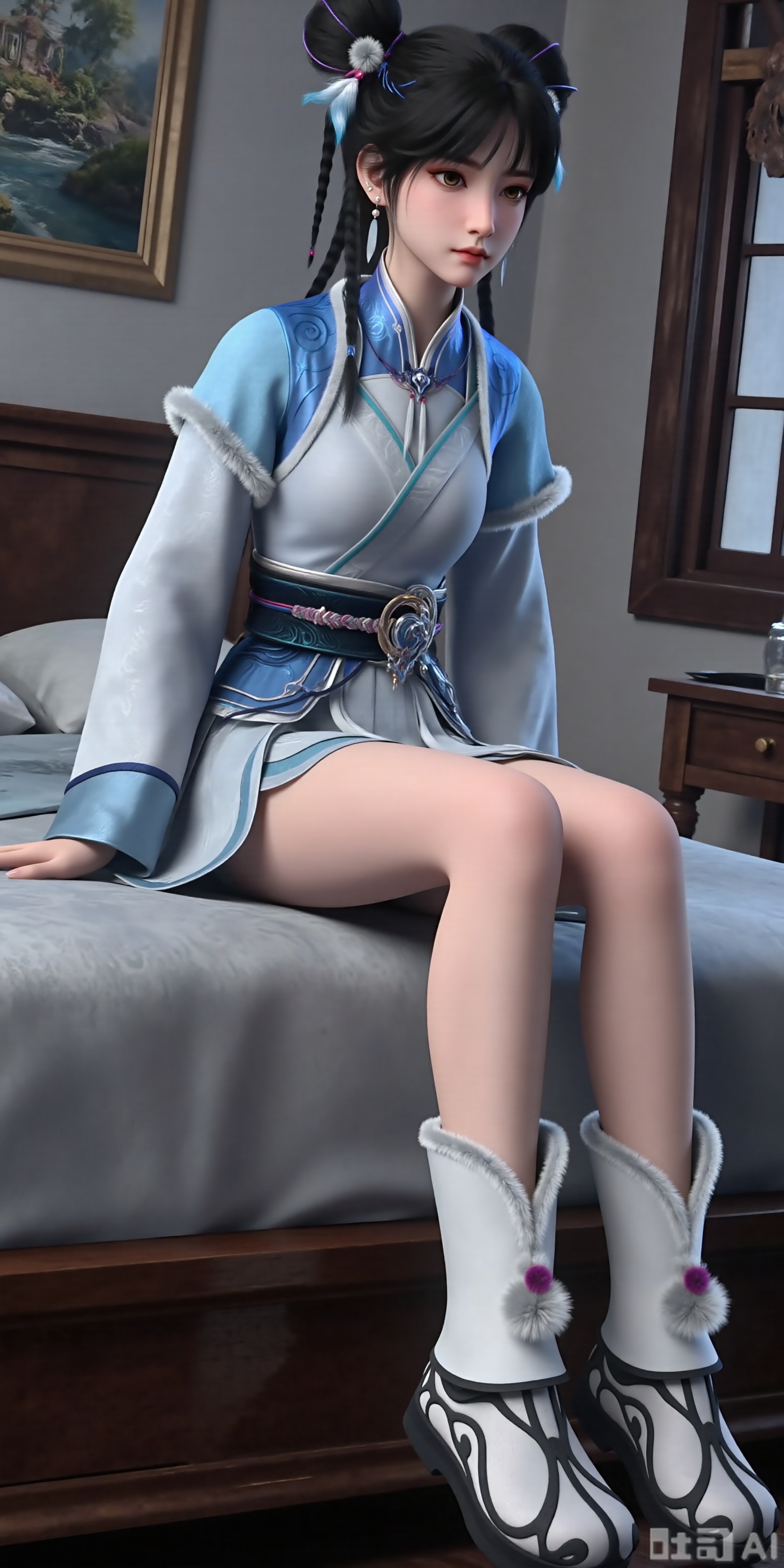 1girl, solo, long hair, looking at viewer, closed mouth, black hair, yellow eyes, full-body,Perfectly proportioned,ray tracing,shiny_skin,oil,Show your long legs,(Sitting:1.5),Beautiful thighs, show the thighs,LiMuWan,jiu,Interior, bed, painting, table, window,yws,YfeetY,1girl, solo, double bun, jewelry, earrings, black hair,hair ornament, braid, chinese clothes,realistic, pom pom (clothes),black eyes, fur trim, long sleeves, wide sleeves,dress, brown eyes, bangs, tassel, hair flower,sash,full body,thighhighs,shoes,legs,toeless footwear,NingXiaoLing,white and blue winter boots with black patterns. The boots have a furry white trim with a small blue pom-pom on each side. The boots are slightly open at the top, revealing white socks with blue and purple stripes near the top.