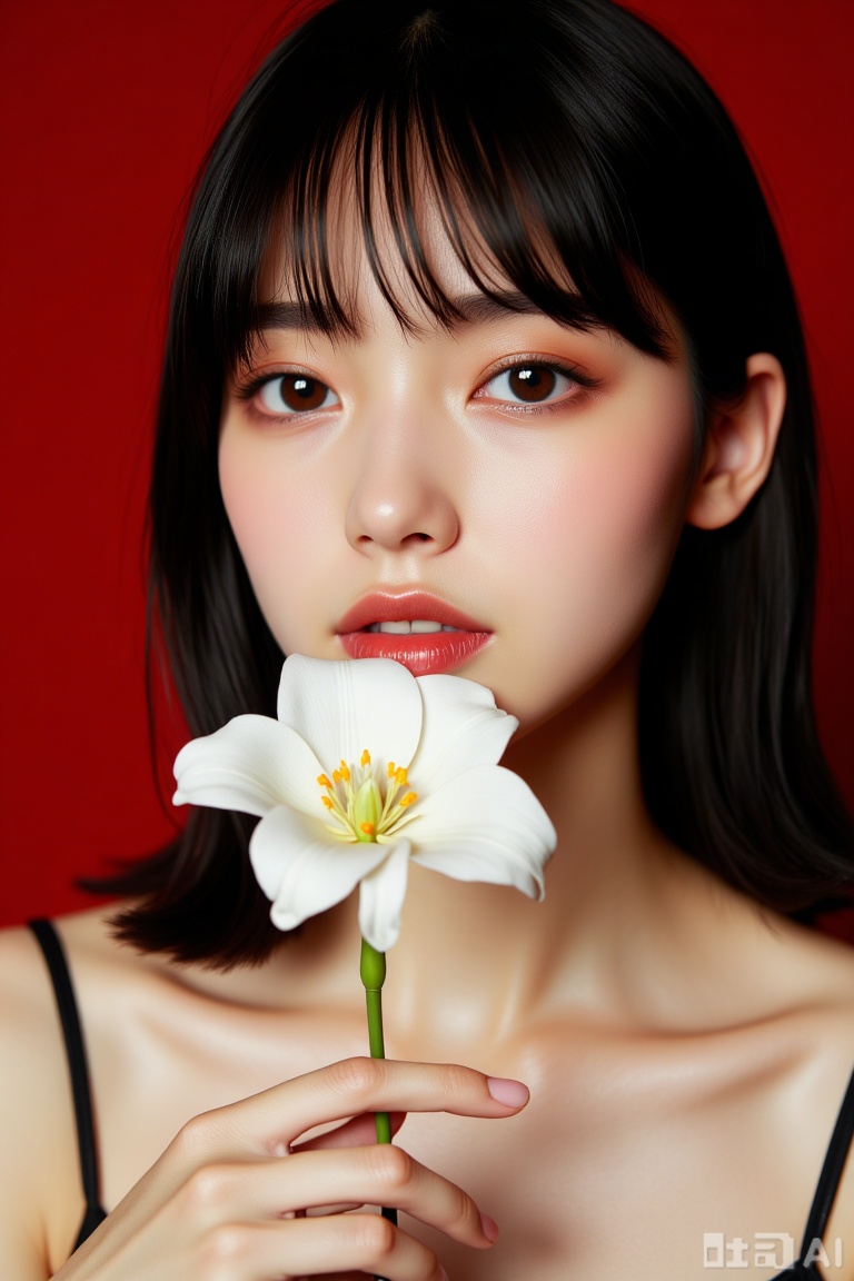 1girl, solo, looking at viewer, bangs, black hair, holding, brown eyes, flower, lips, white flower, portrait, red background, realistic, holding flower