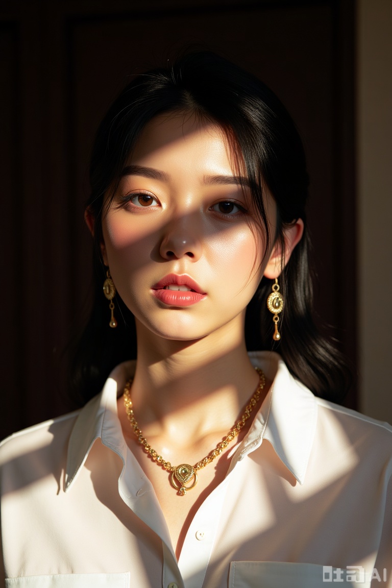 1girl, solo, shirt, black hair, jewelry, upper body, earrings, lips, sunlight, freckles, realistic, shade, dappled sunlight