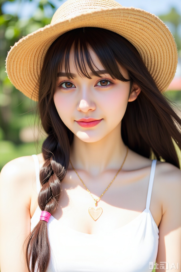 1girl, solo, long hair, looking at viewer, smile, bangs, brown hair, black hair, hat, jewelry, closed mouth, upper body, heart, outdoors, day, necklace, lips, realistic, straw hat