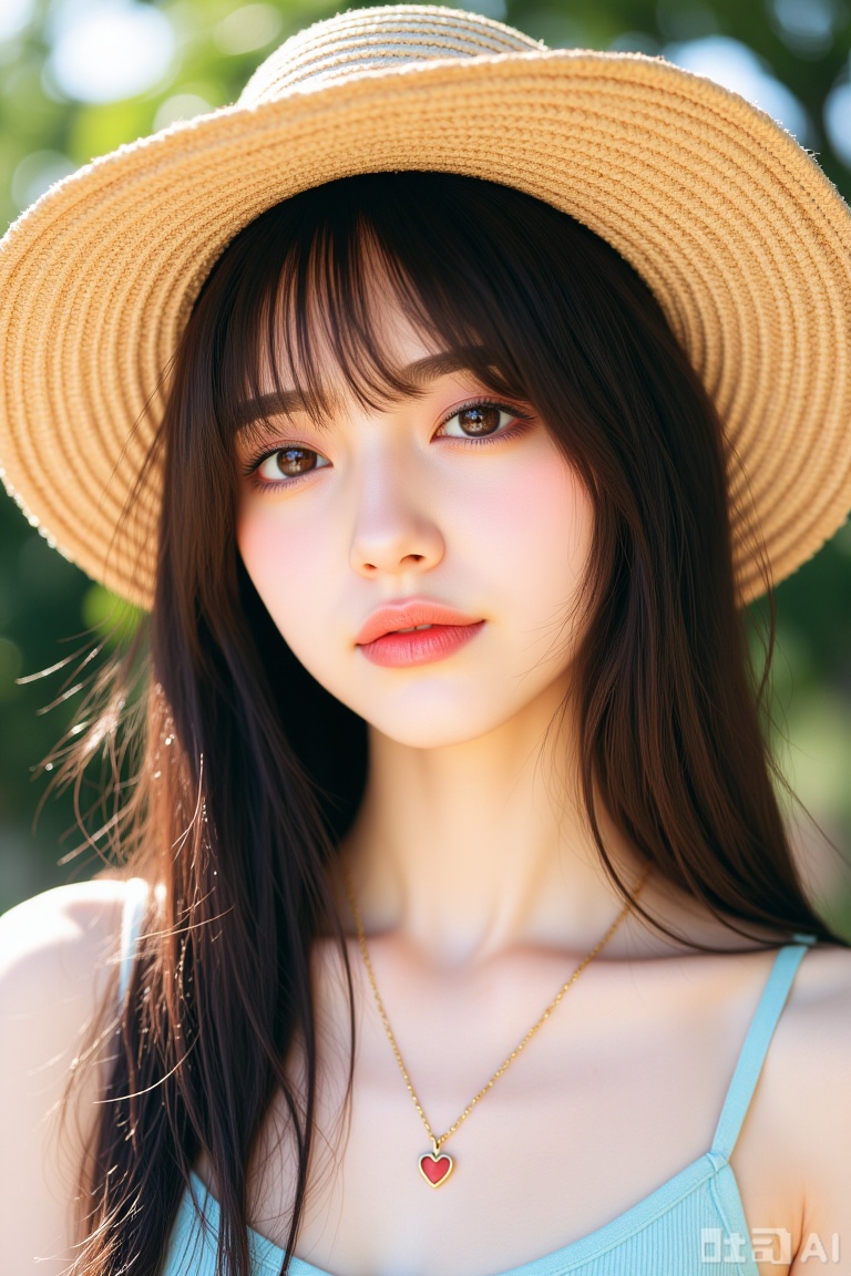 1girl, solo, long hair, looking at viewer, smile, bangs, brown hair, black hair, hat, jewelry, closed mouth, upper body, heart, outdoors, day, necklace, lips, realistic, straw hat