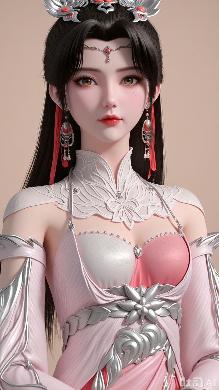 Close-up of the upper body, one girl, head, looking at the camera, jewelry, earrings, long black hair, chest, brown eyes, eyelashes, hair accessories, dress, wide sleeves, white dress, pink dress, plain beige background. Light and shadow. Full of natural light. Bright.,liumei