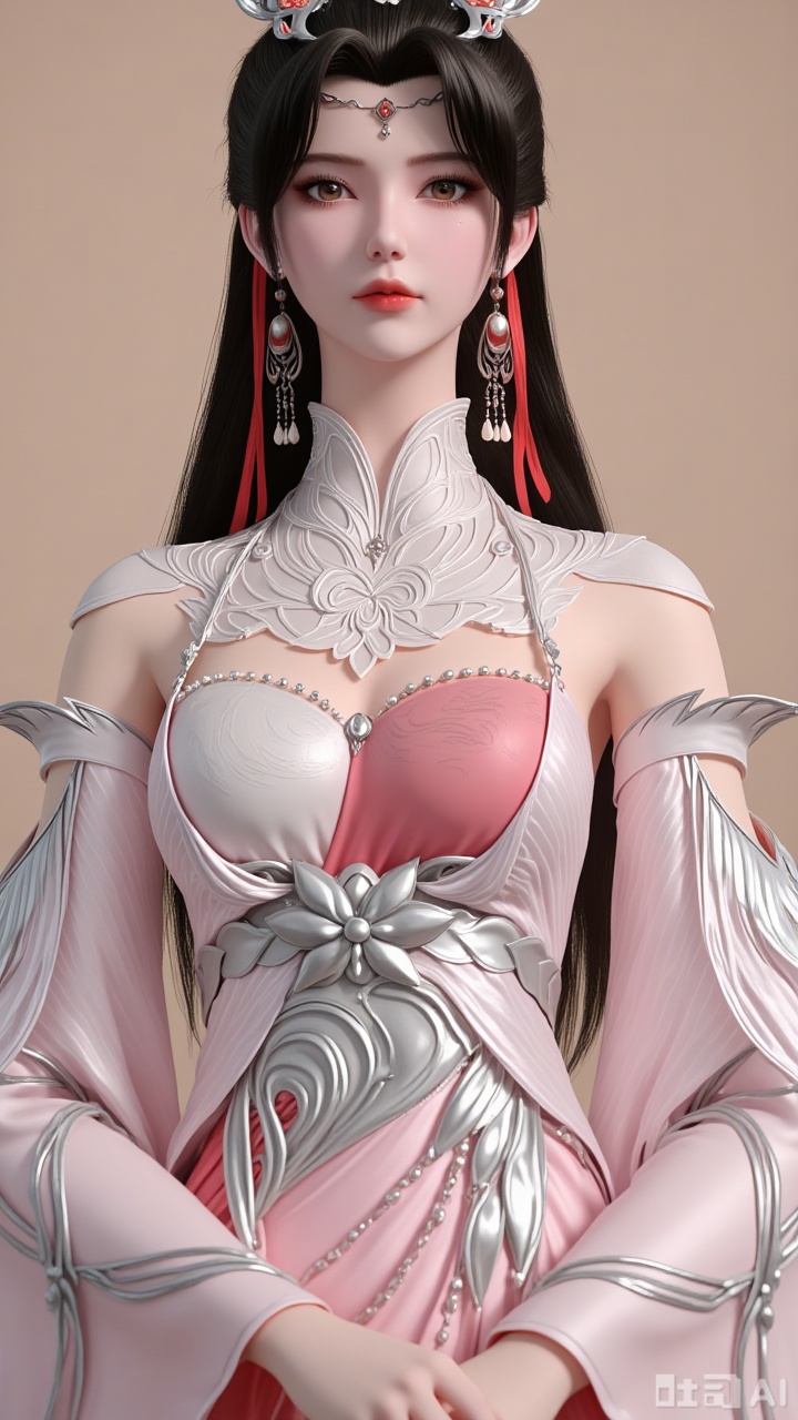 Close-up of the upper body, one girl, head, looking at the camera, jewelry, earrings, long black hair, chest, brown eyes, eyelashes, hair accessories, dress, wide sleeves, white dress, pink dress, plain beige background. Light and shadow. Full of natural light. Bright.,liumei