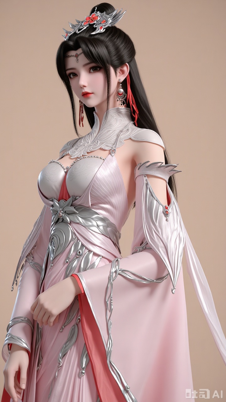 Close-up of the upper body, one girl, head, looking at the camera, jewelry, earrings, long black hair, chest, brown eyes, eyelashes, hair accessories, dress, wide sleeves, white dress, pink dress, plain beige background. Light and shadow. Full of natural light. Bright.,liumei