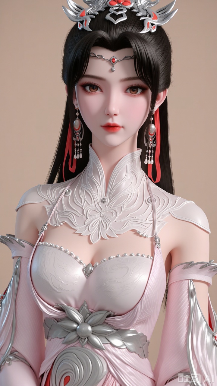 Close-up of the upper body, one girl, head, looking at the camera, jewelry, earrings, long black hair, chest, brown eyes, eyelashes, hair accessories, dress, wide sleeves, white dress, pink dress, plain beige background. Light and shadow. Full of natural light. Bright.,liumei