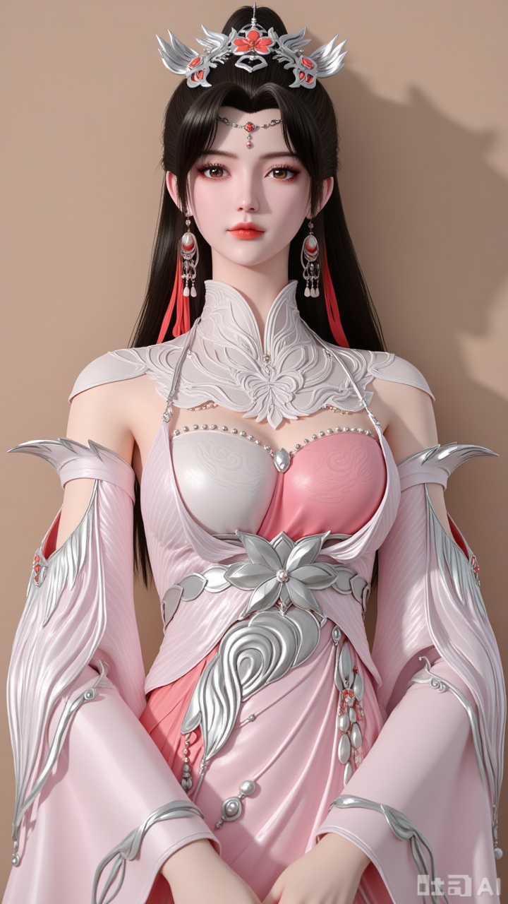 Close-up of the upper body, one girl, head, looking at the camera, jewelry, earrings, long black hair, chest, brown eyes, eyelashes, hair accessories, dress, wide sleeves, white dress, pink dress, plain beige background. Light and shadow. Full of natural light. Bright.,liumei