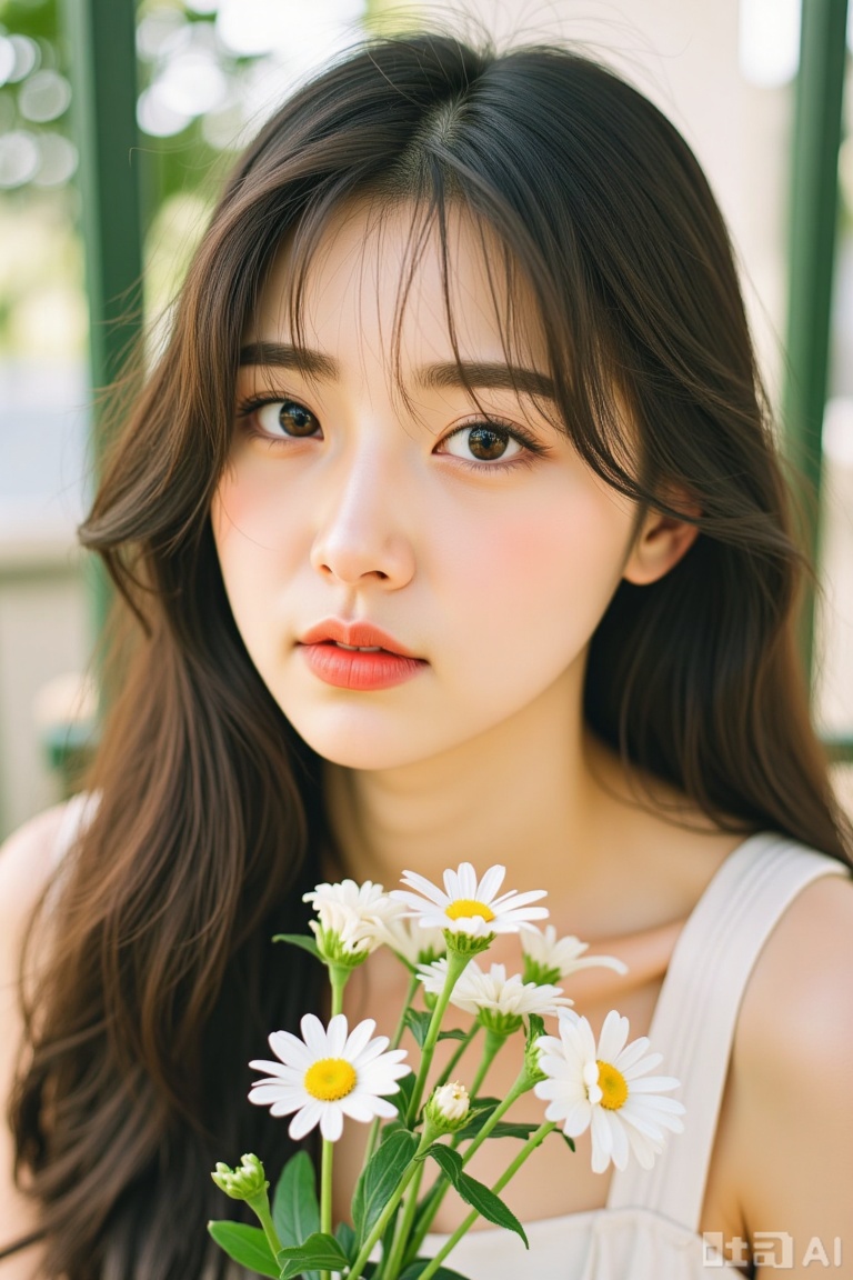 1girl, solo, long hair, looking at viewer, brown hair, black hair, upper body, flower, parted lips, black eyes, lips, plant, realistic