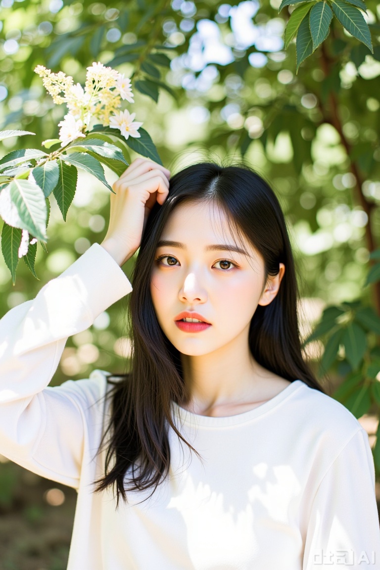 1girl, solo, long hair, looking at viewer, shirt, black hair, long sleeves, white shirt, upper body, outdoors, parted lips, day, black eyes, arm up, lips, leaf, floral print, sunlight, plant, red lips