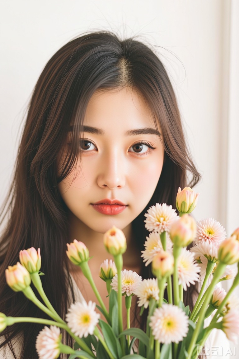 1girl, solo, long hair, looking at viewer, brown hair, black hair, upper body, flower, parted lips, black eyes, lips, plant, realistic