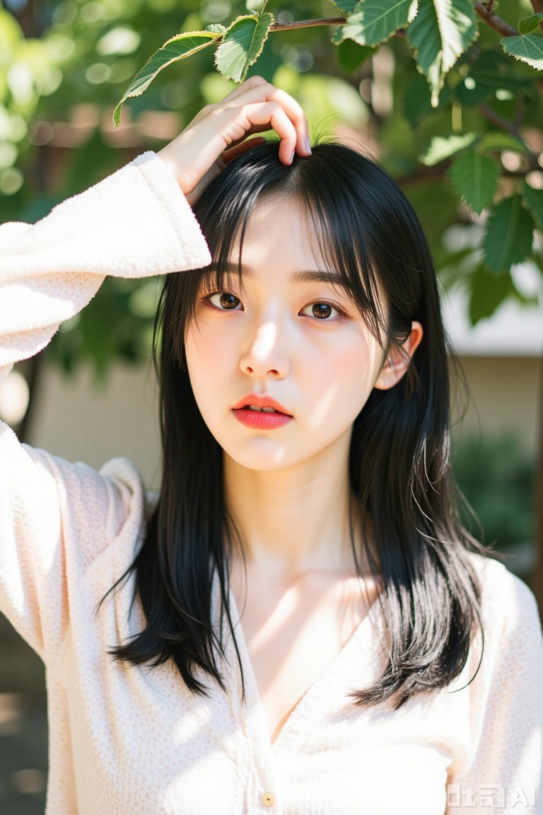 1girl, solo, long hair, looking at viewer, shirt, black hair, long sleeves, white shirt, upper body, outdoors, parted lips, day, black eyes, arm up, lips, leaf, floral print, sunlight, plant, red lips