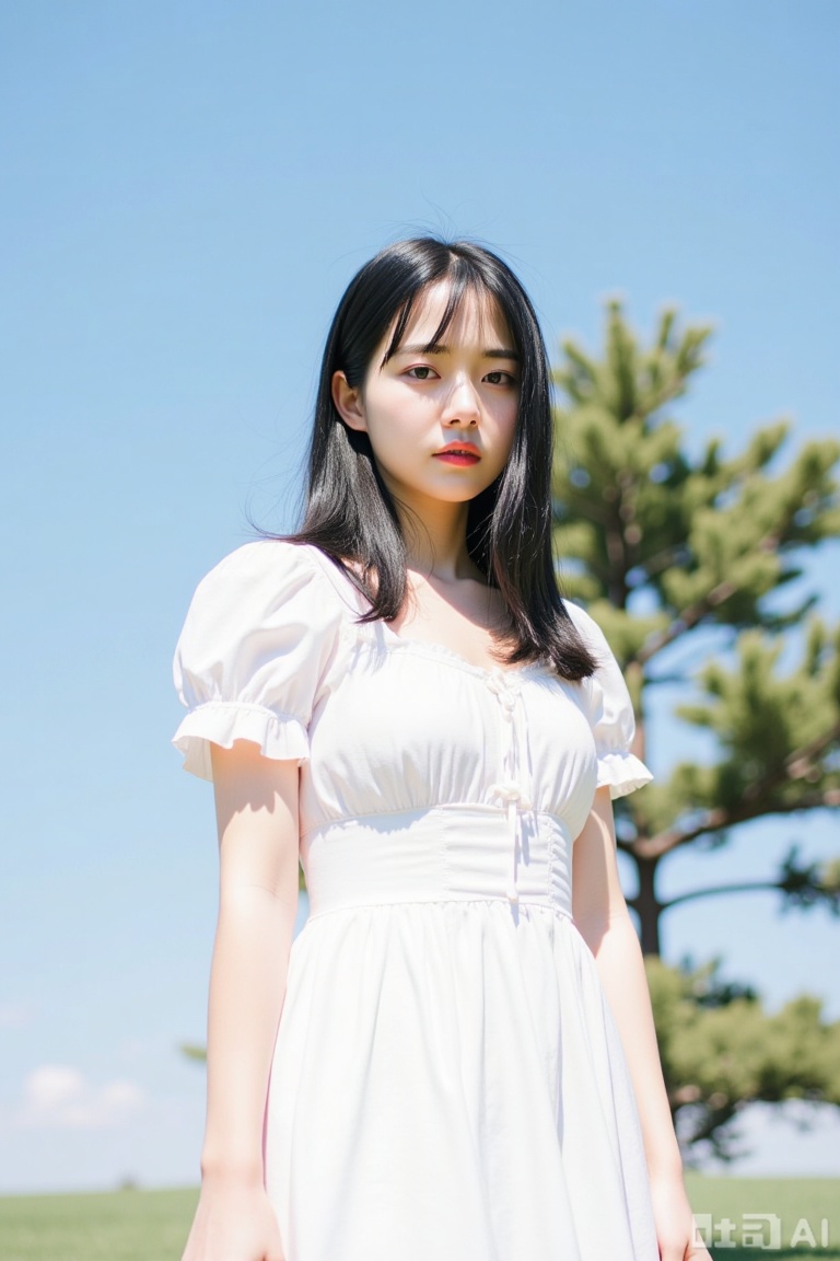 1girl, solo, long hair, black hair, dress, short sleeves, outdoors, sky, day, white dress, blurry, black eyes, tree, blue sky, lips, realistic