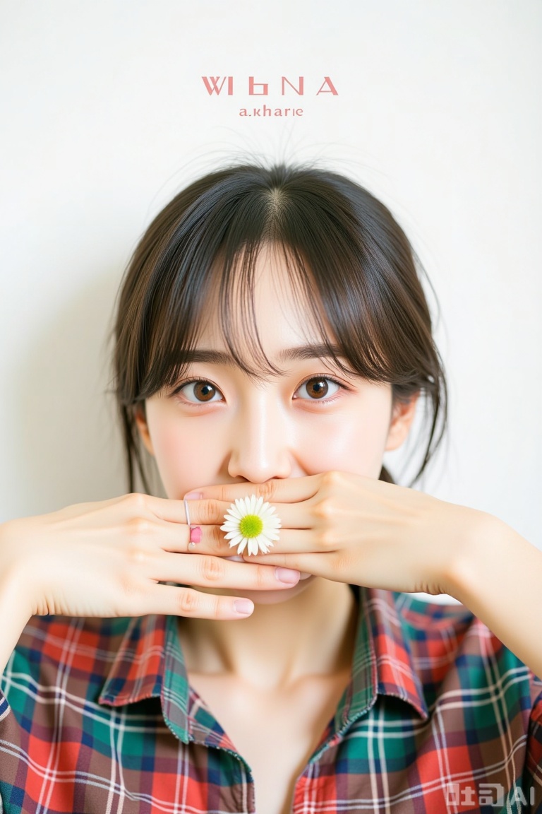 1girl, solo, looking at viewer, short hair, brown hair, shirt, black hair, holding, upper body, flower, black eyes, english text, realistic, covering mouth, holding flower, plaid shirt