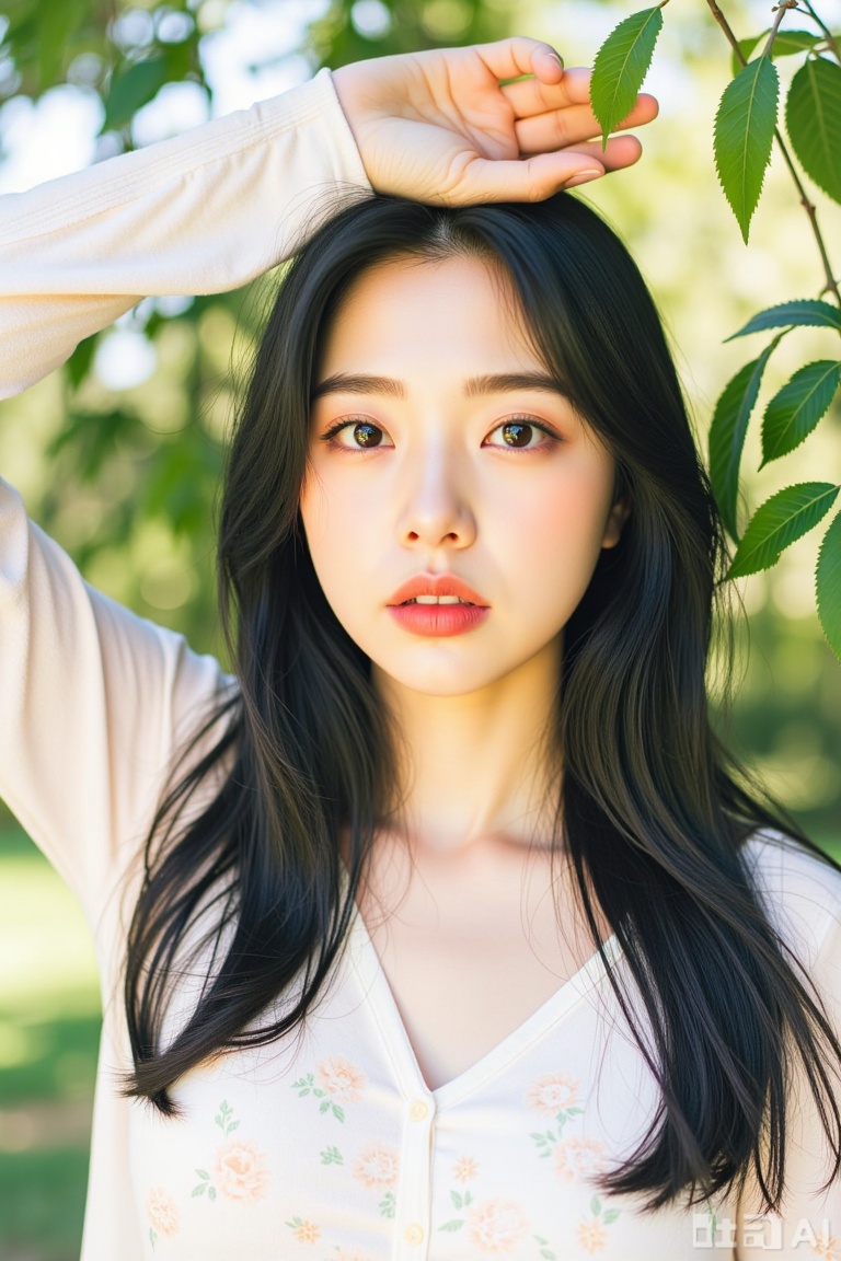 1girl, solo, long hair, looking at viewer, shirt, black hair, long sleeves, white shirt, upper body, outdoors, parted lips, day, black eyes, arm up, lips, leaf, floral print, sunlight, plant, red lips