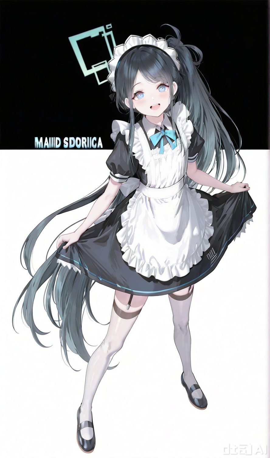 chibi, parody, open mouth, teeth,(masterpiece),(best quality),masterpiece,best quality,very aesthetic,absurdres,newest,
BREAK
sdorica composition,black background,simple background,character name,
BREAK
1girl, solo, aris \(blue archive\), aris \(maid\) \(blue archive\), halo, long hair, black hair, thighhighs, white thighhighs, apron, blue eyes, official alternate costume, maid headdress, maid, very long hair, full body, simple background, white background, short sleeves, open mouth, dress, looking at viewer, maid apron, white apron, black footwear, borrowed clothes, shoes, black dress, frilled apron, frills, blush, upper teeth only, ponytail, smile, puffy sleeves, standing, side ponytail, teeth, puffy short sleeves, absurdly long hair, garter straps, skirt hold, bow, sidelocks,