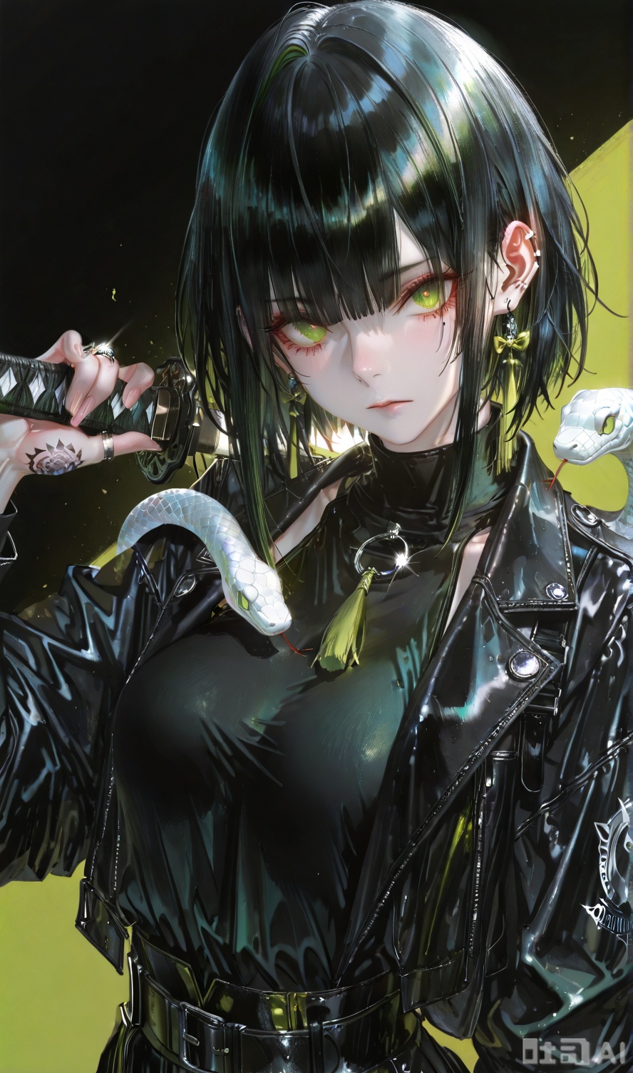 {artist:pottsness}},[[artist:onineko]][[artist:as109]],artist:ciloranko,artist:john kafka,artist:wanke,artist:betabeet,artist:quasarcake,(artist:alphonse \(white datura\):0.3),(artist:fkey:0.1),(artist:konya karasue:0.2),(artist:dino \(dinoartforame\):0.8),(wlop:0.7),,blacklight, glowing, black background, 1girl,animal,bangs,black_hair,black_jacket,black_shirt,blunt_bangs,bob_cut,closed_mouth,ear_piercing,earrings,explicit,eyelashes,facial_mark,fingernails,from_side,general,glint,green_background,green_eyes,green_theme,hand_tattoo,hand_up,holding,holding_sword,holding_weapon,jacket,jewelry,katana,lips,long_sleeves,looking_at_viewer,makeup,medium_hair,mole,mole_under_eye,piercing,questionable,reverse_grip,ring,scales,sensitive,sheath,shirt,short_hair,simple_background,slit_pupils,snake,solo,sword,tassel,tattoo,turtleneck,unsheathing,upper_body,weapon,white_snake