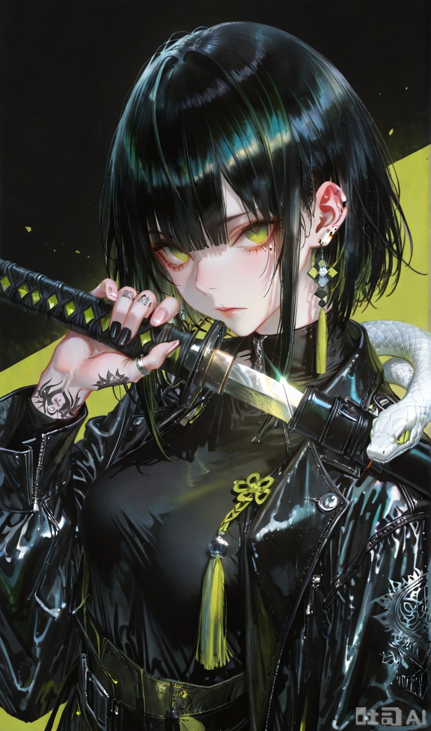 {artist:pottsness}},[[artist:onineko]][[artist:as109]],artist:ciloranko,artist:john kafka,artist:wanke,artist:betabeet,artist:quasarcake,(artist:alphonse \(white datura\):0.3),(artist:fkey:0.1),(artist:konya karasue:0.2),(artist:dino \(dinoartforame\):0.8),(wlop:0.7),,blacklight, glowing, black background, 1girl,animal,bangs,black_hair,black_jacket,black_shirt,blunt_bangs,bob_cut,closed_mouth,ear_piercing,earrings,explicit,eyelashes,facial_mark,fingernails,from_side,general,glint,green_background,green_eyes,green_theme,hand_tattoo,hand_up,holding,holding_sword,holding_weapon,jacket,jewelry,katana,lips,long_sleeves,looking_at_viewer,makeup,medium_hair,mole,mole_under_eye,piercing,questionable,reverse_grip,ring,scales,sensitive,sheath,shirt,short_hair,simple_background,slit_pupils,snake,solo,sword,tassel,tattoo,turtleneck,unsheathing,upper_body,weapon,white_snake