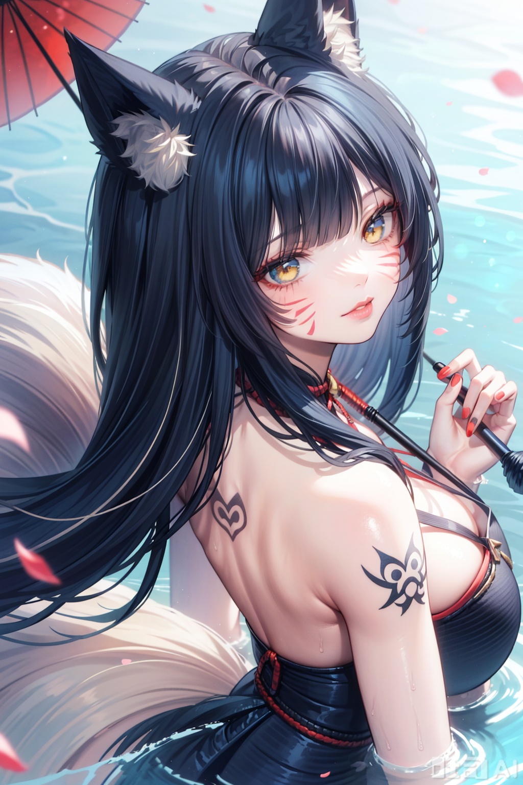 1girl, solo, long hair, breasts, looking at viewer, large breasts, black hair, animal ears, bare shoulders, tail, yellow eyes, looking back, water, nail polish, lips, petals, fox ears, tattoo, fox tail, umbrella, from above, facial mark, multiple tails, red nails, oil-paper umbrella, whisker markings, ahri \(league of legends\)