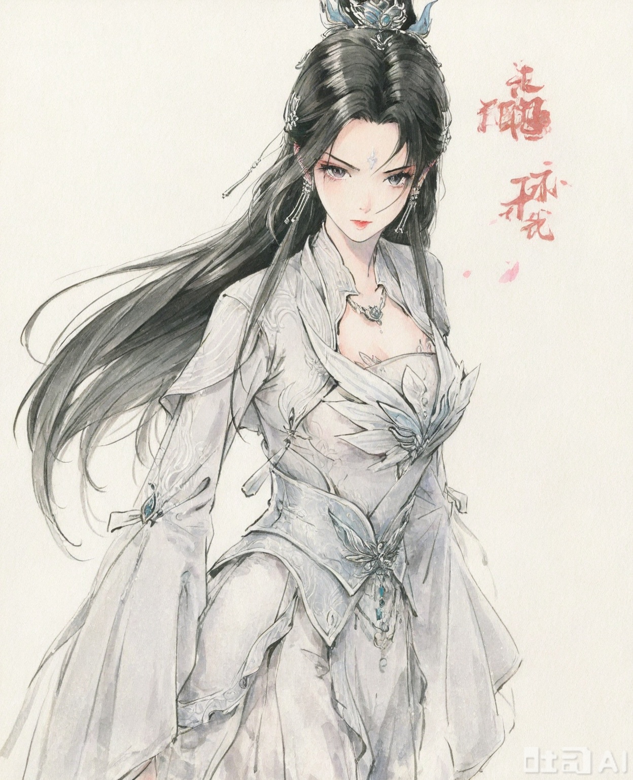 ((very awa)),(solo),highly detailed,(best quality),((masterpiece)),1girl,chi,,ge,,traditional media,painting \(medium\),watercolor \(medium\),looking_at_viewer,simple background,luxueqi,long hair,black hair,jewelry,earrings,dress,hair ornament,forehead mark,facial mark,,