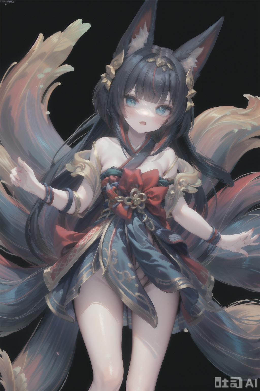 The image depicts a vibrant and fantastical character with a striking appearance. The character is adorned in a flowing, multicolored outfit that resembles a traditional Japanese kimono, featuring intricate patterns and a large, elaborate headdress. The headdress is designed to resemble a fox's head, complete with pointed ears and a small, decorative piece in the center. The character's arms are outstretched, and they are surrounded by a series of large, petal-like appendages that extend outward in a symmetrical pattern, giving the impression of movement or a dance. The background is a solid black, which contrasts sharply with the colorful and detailed design of the character, making them stand out prominently. The overall aesthetic is whimsical and otherworldly, suggesting a connection to fantasy or mythology.solo,1girl,ahri \(league of legends\)