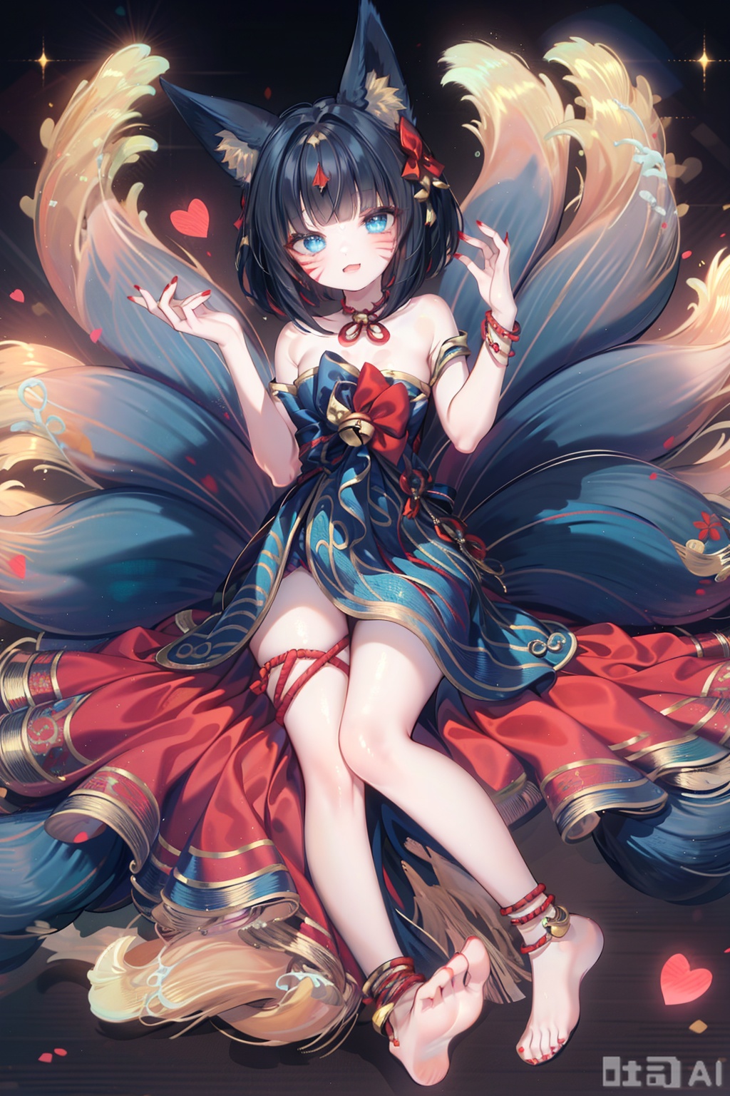 1girl, solo, looking at viewer, short hair, bangs, blue eyes, black hair, animal ears, bare shoulders, jewelry, sitting, tail, heart, barefoot, blunt bangs, nail polish, feet, fox ears, bell, fox tail, facial mark, multiple tails, red nails, anklet, whisker markings,ahri \(league of legends\)