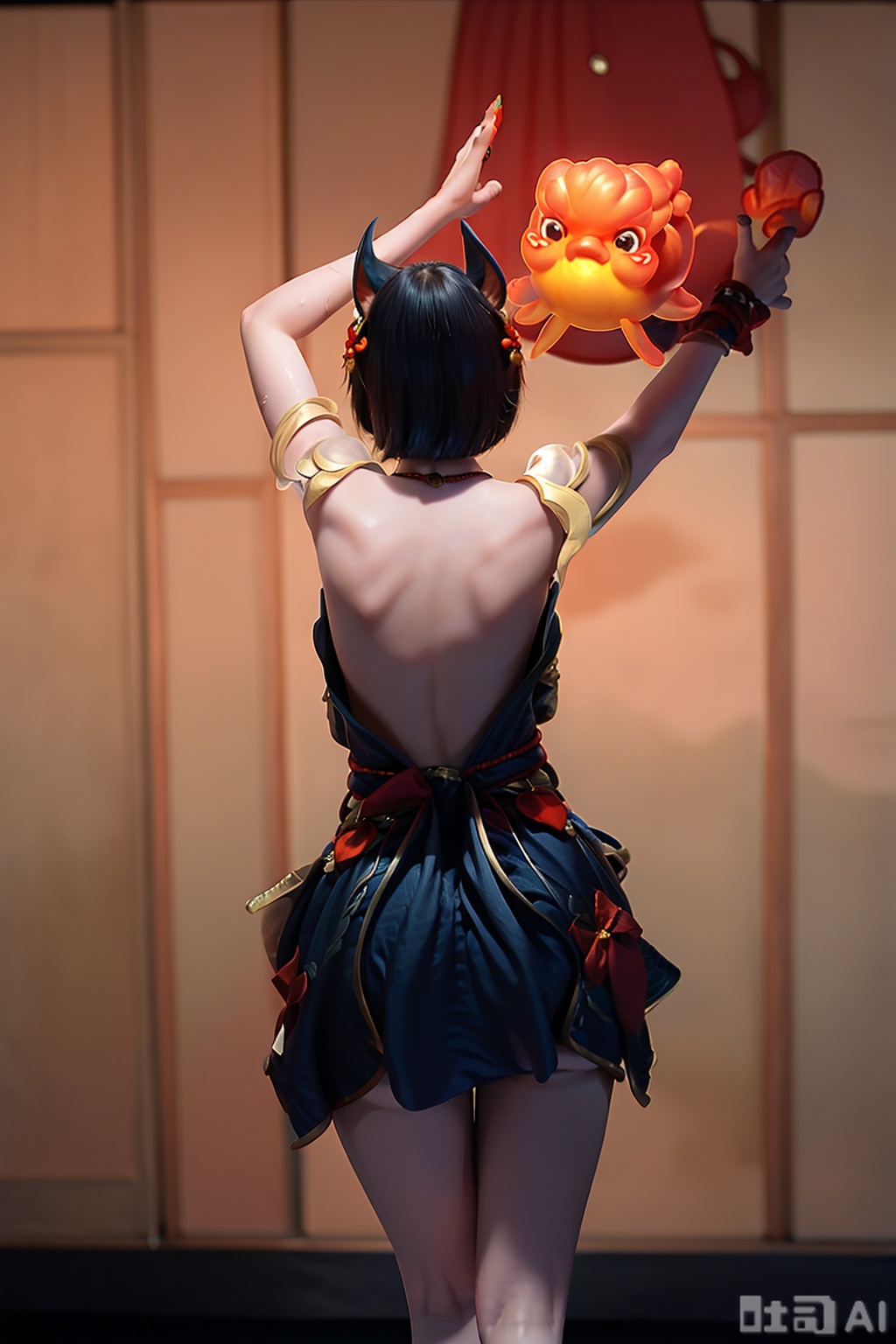 1girl, solo, breasts, short hair, water background, black hair, dress, standing, black dress, arms up, japanese background, backless outfit, dancing,ahri \(league of legends\),Lanshou Goldfish