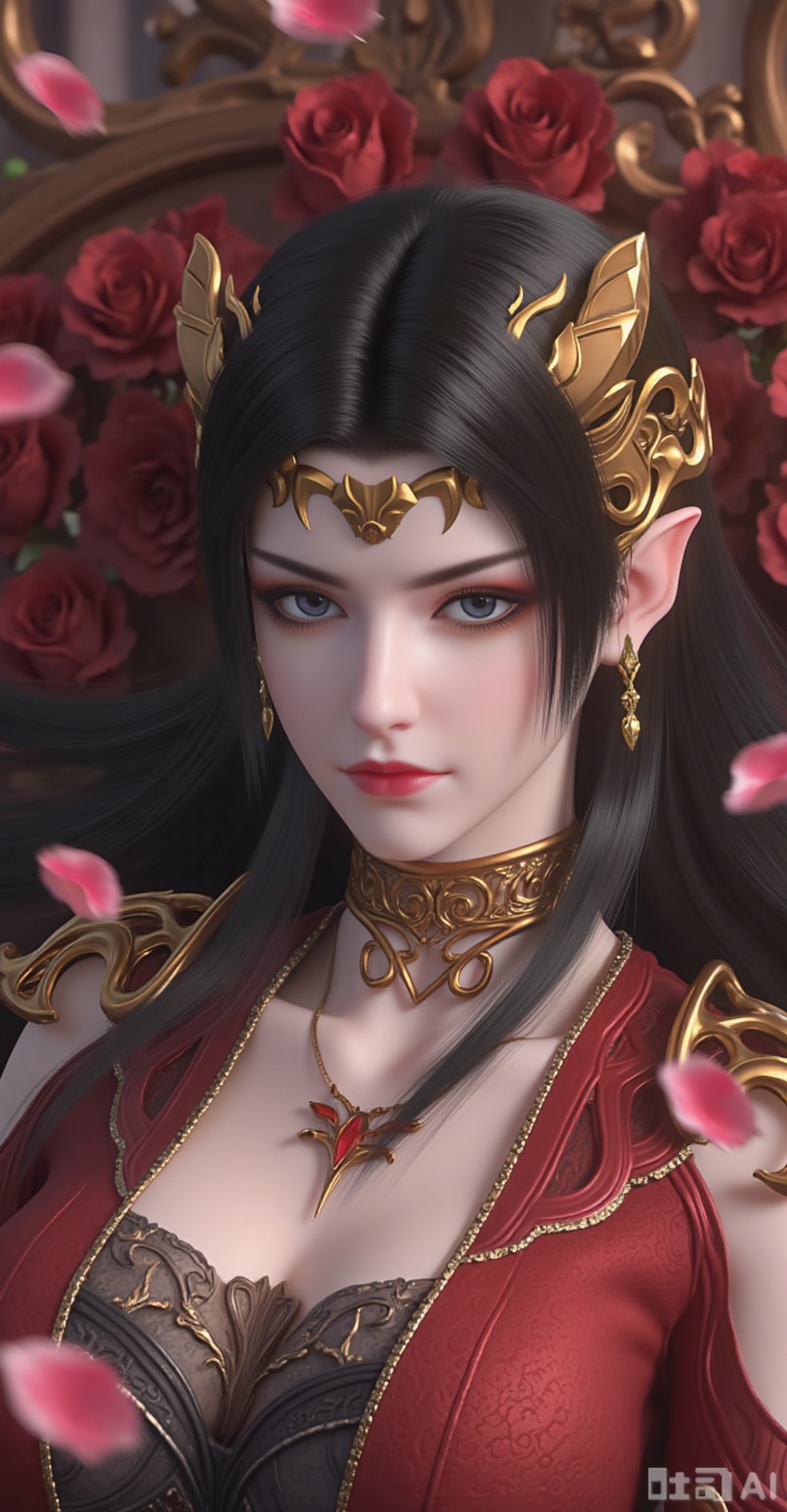 A young girl lay quietly on the soft sofa, with fresh and tender rose petals spread all over her, as if she were in a romantic fairy tale world. Her long hair cascaded down like a waterfall, jet-black and lustrous, shimmering with a faint sheen in the soft light. Exquisite hair accessories were dotted among them, emitting a soft glow that complemented the brilliant jewelry she wore. Her lips were tightly closed and the corners of her mouth were slightly upturned, as if she were reliving some beautiful moment. The upper body has a graceful curve, and the skin is as white as snow, looking even more charming against the backdrop of roses. The ears are adorned with gorgeous earrings that gently sway, adding a touch of liveliness. Her ears are pointed, as mysterious and charming as those of an elf. The entire picture is slightly blurry, giving people a dreamlike and illusory feeling, and her exquisite makeup adds a touch of charm to this beautiful face. She lay there quietly, as if time had stood still for her, becoming the most touching presence in this beautiful scene.
meidusha,lvjing,full body,