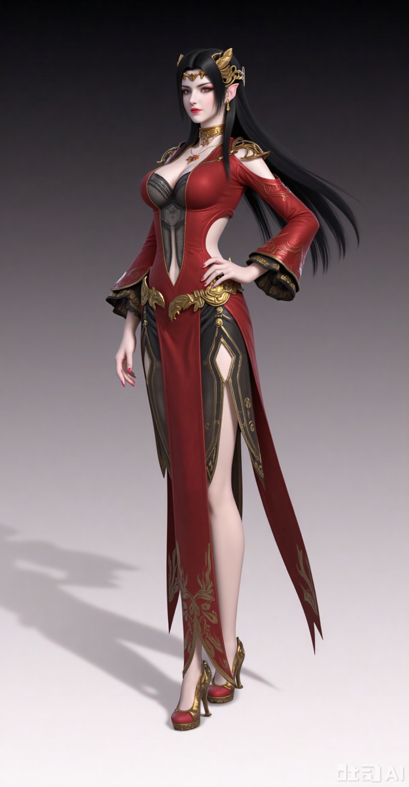 1girl, solo, long hair, breasts, black hair, dress, navel, jewelry, medium breasts, standing, full body, earrings, pointy ears, necklace, high heels, gradient, gradient background, clothing cutout, red dress,  red nails, string, outdoors,
meidusha,lvjing,