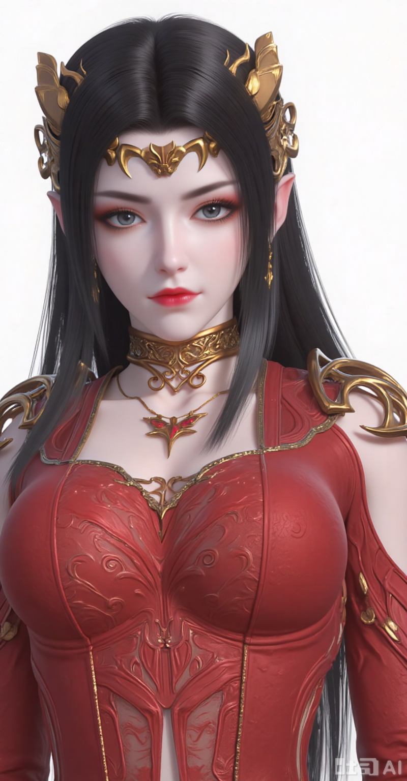 1girl, solo, long hair, black hair, hair ornament, jewelry, closed mouth, upper body, earrings, pointy ears, makeup, red lips,red dress,
white_background,simple background,
lvjing,lvjing,guanghuapifu,xiaowu,pifu