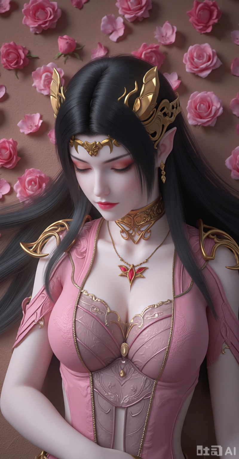 A young girl lay quietly on the soft sofa, with fresh and tender rose petals spread all over her, as if she were in a romantic fairy tale world. Her long hair cascaded down like a waterfall, jet-black and lustrous, shimmering with a faint sheen in the soft light. Exquisite hair accessories were dotted among them, emitting a soft glow that complemented the brilliant jewelry she wore. Her lips were tightly closed and the corners of her mouth were slightly upturned, as if she were reliving some beautiful moment. The upper body has a graceful curve, and the skin is as white as snow, looking even more charming against the backdrop of roses. The ears are adorned with gorgeous earrings that gently sway, adding a touch of liveliness. Her ears are pointed, as mysterious and charming as those of an elf. The entire picture is slightly blurry, giving people a dreamlike and illusory feeling, and her exquisite makeup adds a touch of charm to this beautiful face. She lay there quietly, as if time had stood still for her, becoming the most touching presence in this beautiful scene.
meidusha,lvjing,full body,