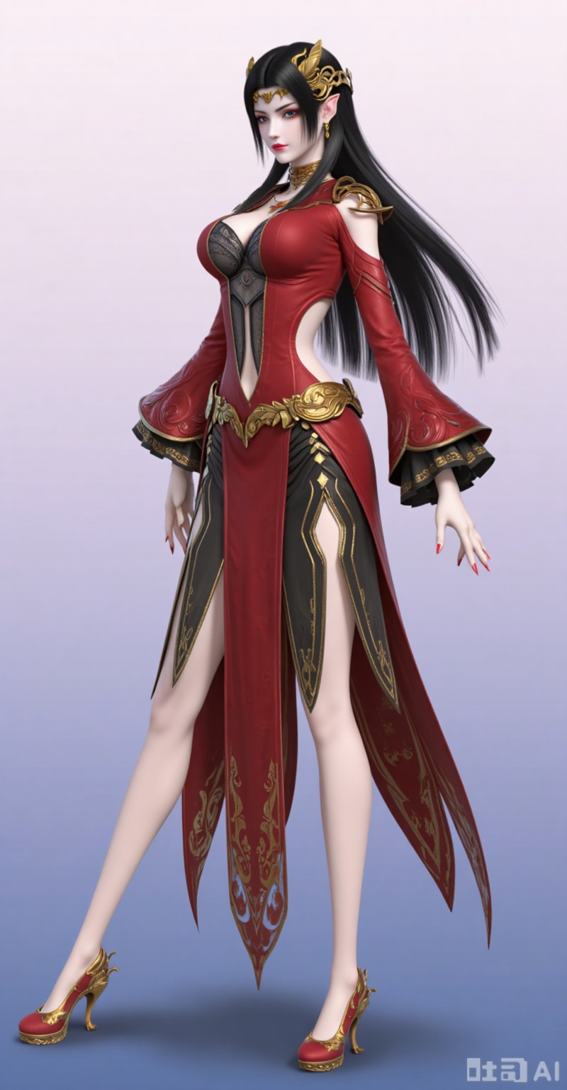1girl, solo, long hair, breasts, black hair, dress, navel, jewelry, medium breasts, standing, full body, earrings, pointy ears, necklace, high heels, gradient, gradient background, clothing cutout, red dress,  red nails, string, outdoors,
meidusha,lvjing,