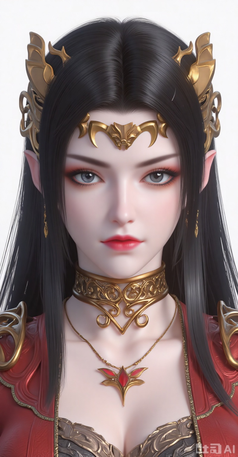 1girl, solo, long hair, black hair, hair ornament, jewelry, closed mouth, upper body, earrings, pointy ears, makeup, red lips,red dress,
white_background,simple background,
lvjing,lvjing,guanghuapifu,xiaowu,pifu